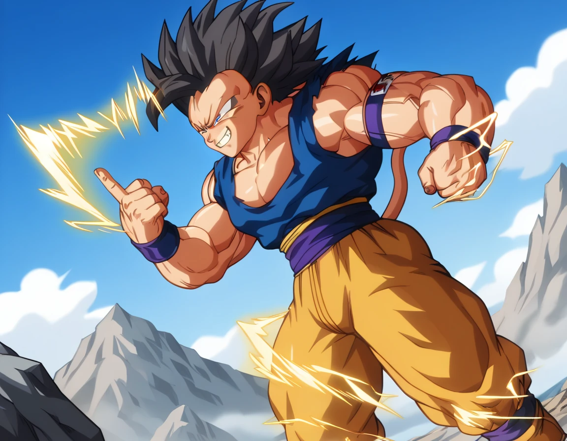  top quality,Anatomical, Big Muscles , Vegeta and Kogenta mix,Demon Body,Sexually attractive gestures,shiny skin, growing skin, taken over by the devil , He smiles wickedly ., armband, bracers,Harness,gigantic penis,supersaiyanaura, dark purple aura ,fullbody,gigantic penis,(score_9:0.9),score_8_up,score_7_up,anime style,rating_safe,(zPDXL),  GGKSj4j , dbsb, 1boy, Alone, male focus, yellow eyes, super saiyan 4, black hair, spiked hair, long hair,  v-shaped eyebrows, v-shaped eyes,monkey tail, red body fur, pectorals, blue wristband, blue sash, yellow pants, grin, teeth, golden aura, electricity, muscular male, clenched hands, standing, dynamic pose, dynamic angle, outdoors, rock, mountain,