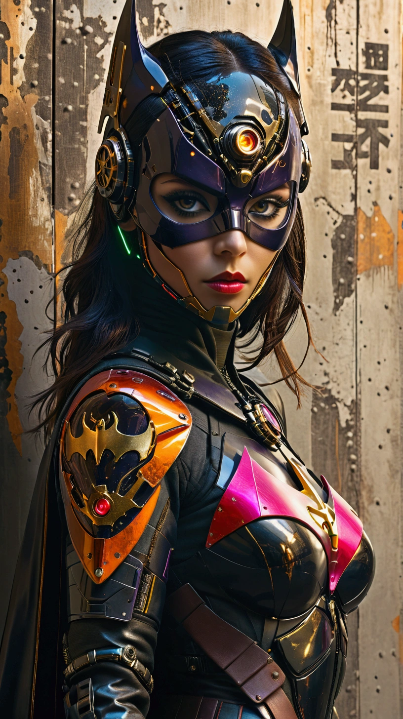 (best quality, masterpiece:1.2), batgirl, Masamune Shirow style, detailed suit, cyberpunk cityscape, glowing neon lights, flying motorbike, futuristic technology, dynamic pose, intense action, dark and gritty atmosphere, dramatic shadows, vibrant colors, sharp edges, intricate details, anime-inspired, sci-fi fantasy, high energy, adrenaline rush, high-tech gadgets, reflective surfaces, urban decay, technological advancements, dystopian future, strong and confident expression, futuristic weapons, mechanical augmentations, digital overlays, cinematic composition, epic superhero artwork, dynamic camera angles, kinetic energy, compelling storytelling, enigmatic aura.