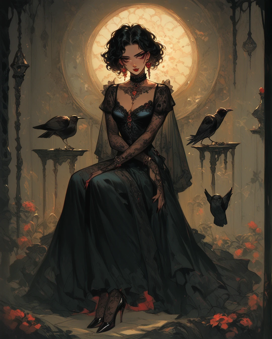  A full body ,  high-resolution anime-style of a melancholic woman, thin face,She has a bird in her hands intense red lips , gothic fashion. With dramatic lighting and dynamic composition .