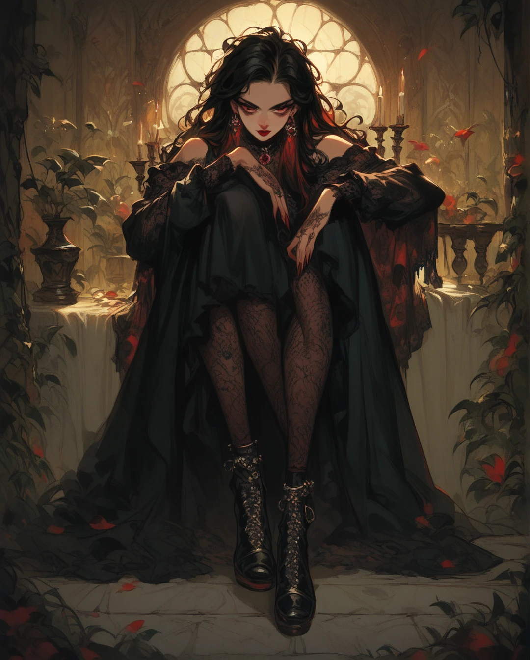  A full body ,  high-resolution anime-style of a melancholic woman, thin face,She has a bird in her hands intense red lips , gothic fashion. With dramatic lighting and dynamic composition .