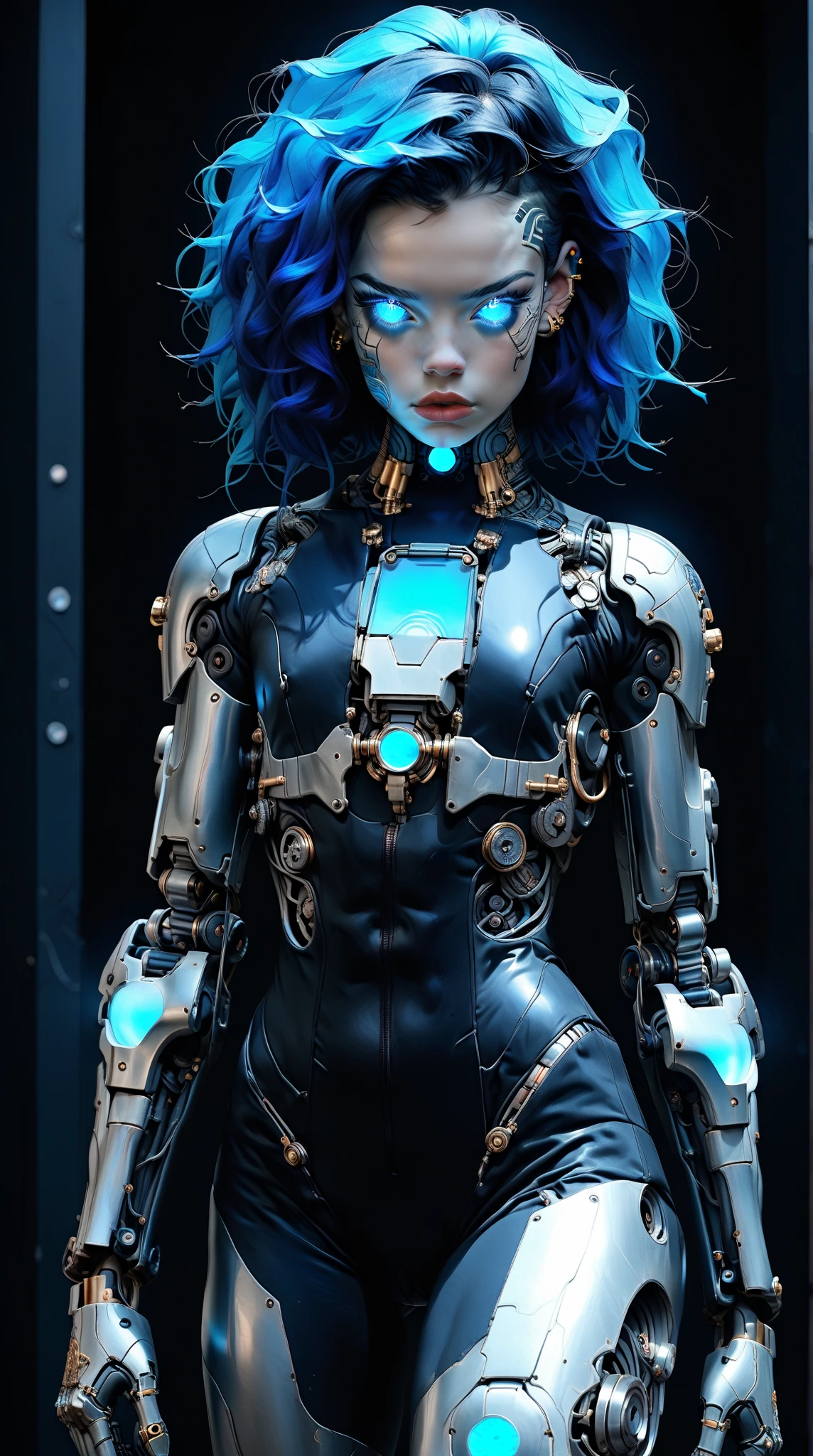 (nsfw:1), (Uncensored:1), score_9, score_8_up, score_7_up, (full body shot), (1 girl), (asian), beautiful teenage (skinny) muscular necron cyborg girl, (full cybernetic necron bodysuit:1.5), (black sclera:1.5), (blue glowing eyes:1.5), (blue glowing veins:1.5), (flat chest:1.25), (blue glowing hair:1.25), (beautiful face:1.25), (bodybuilder muscular physique:1.25), (skinny long legs:0.75), (intricate gold filigree:1.25), bimbo lips, blue fire, (cyborg arms:1.25), (cyborg legs:1.25), (cyborg torso:1.25), neon lights, gothic neon style, cyber punk style, super realistic image, beautiful digital paint , hyper Realistic illustrations, technoarcanumxr, NecronMorph, CyberRealistic_Negative_PONY-neg,CyberRealistic_Negative_PONY