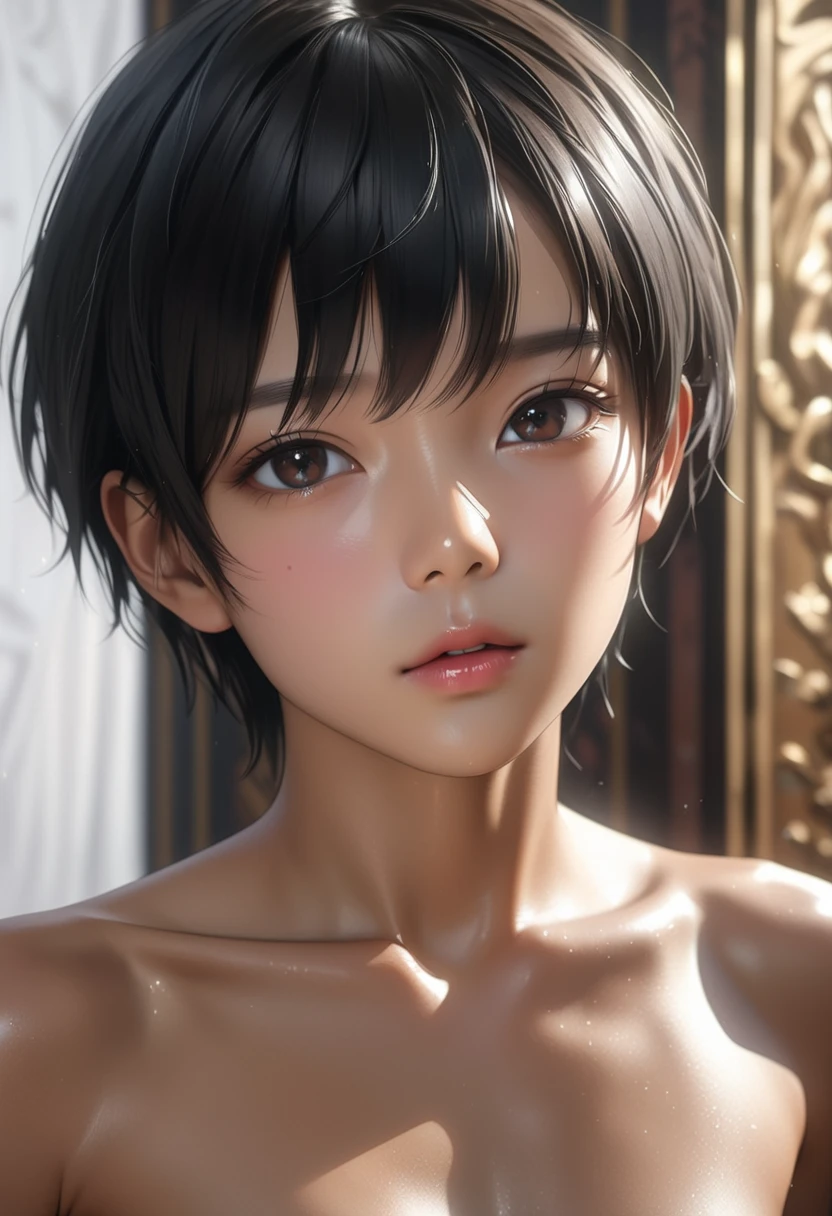 high quality, detailed, photo Realistic, (1 female to male),transgender,(22 years old tanned cute japanese), (detailed black eyes), (black short hair),(abs),(tanned dark skin:1.3), flat chest, black tiny thong,(detailed nipples), palace bedroom,(best quality,4k,8k,highres,masterpiece:1.2), (face close up:0.7),(realistic,photorealistic,photo-realistic:1.37),