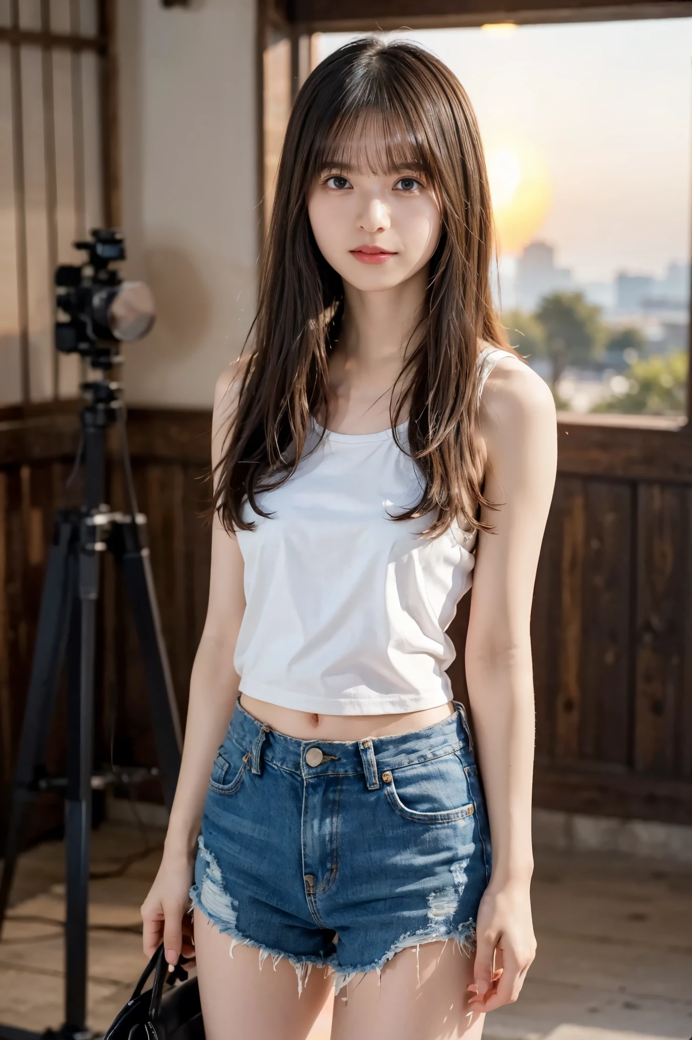 nsfw:1.2, from below:1.4,front focus:1.5,(8k RAW photo,Live Shooting, top quality, masterpiece:1.37), Extreme light and shadow, full body shot :1.5, Shiny Chestnut Hair , long hair, ,bangs, ( Clean brown eyes 、 Sparkling Eyes , fine grain)、smile、 Super Detailed Eyes Caught Between Pillars、 very detailed face , very detailed eyes ,, one girl, Alone、 Masterpiece , cowboy shooting 、 super high resolution,nsfw、 one girl, , ( short tank top, damaged denim shorts)), white skin,( Sunset Background:1.4),
