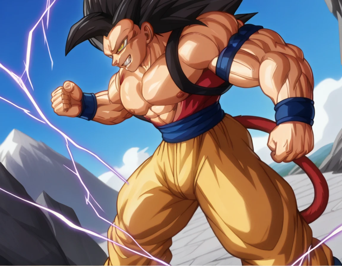  top quality,Anatomical, Big Muscles , Vegeta and Kogenta mix,Demon Body,Sexually attractive gestures,shiny skin, growing skin, taken over by the devil , He smiles wickedly ., armband, bracers,Harness,gigantic penis,supersaiyanaura, dark purple aura ,fullbody,gigantic penis,(score_9:0.9),score_8_up,score_7_up,anime style,rating_safe,(zPDXL),  GGKSj4j , dbsb, 1boy, Alone, male focus, yellow eyes, super saiyan 4, black hair, spiked hair, long hair,  v-shaped eyebrows, v-shaped eyes,monkey tail, red body fur, pectorals, blue wristband, blue sash, yellow pants, grin, teeth, golden aura, electricity, muscular male, clenched hands, standing, dynamic pose, dynamic angle, outdoors, rock, mountain,