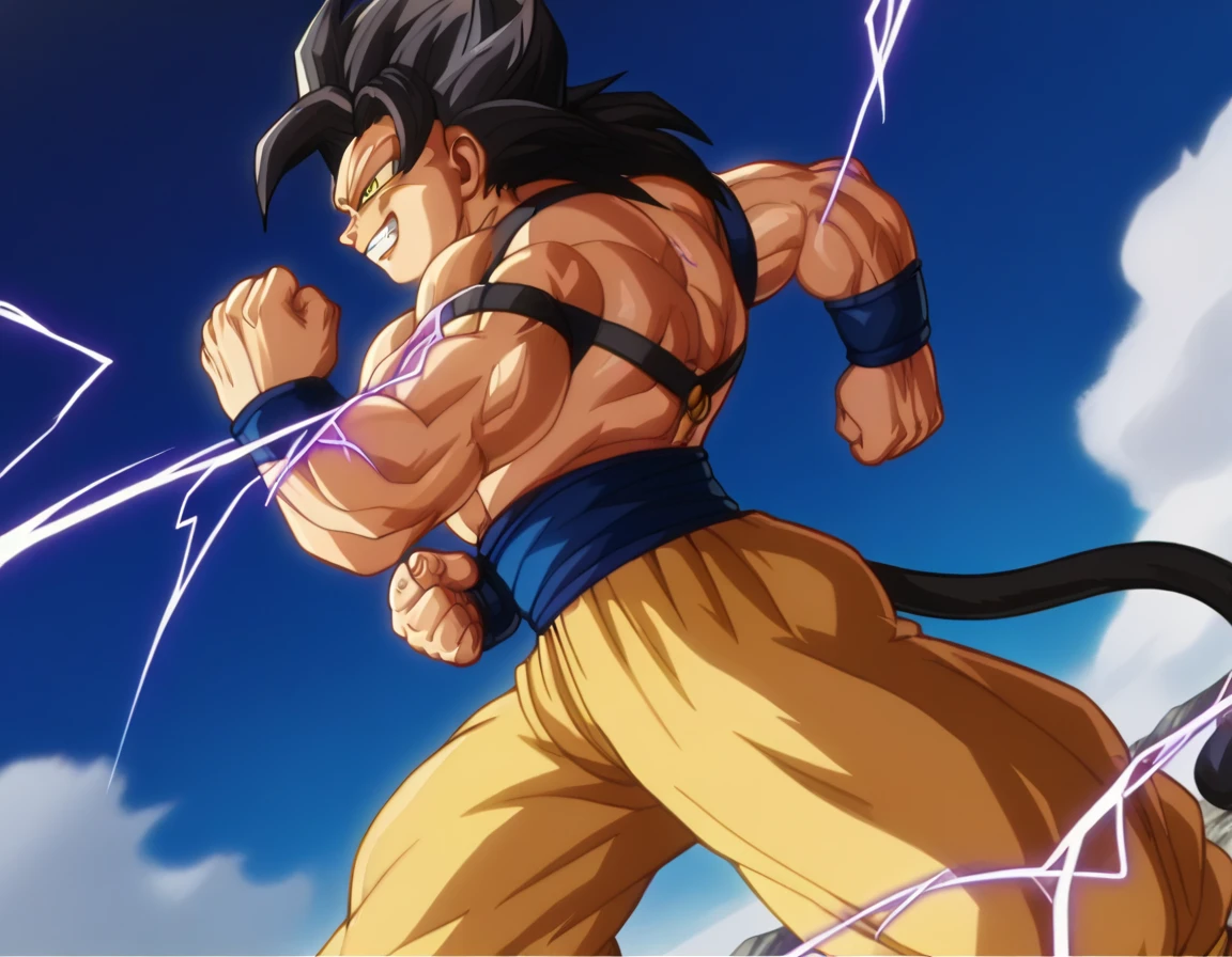  top quality,Anatomical, Big Muscles , Vegeta and Kogenta mix,Demon Body,Sexually attractive gestures,shiny skin, growing skin, taken over by the devil , He smiles wickedly ., armband, bracers,Harness,gigantic penis,supersaiyanaura, dark purple aura ,fullbody,gigantic penis,(score_9:0.9),score_8_up,score_7_up,anime style,rating_safe,(zPDXL),  GGKSj4j , dbsb, 1boy, Alone, male focus, yellow eyes, super saiyan 4, black hair, spiked hair, long hair,  v-shaped eyebrows, v-shaped eyes,monkey tail, red body fur, pectorals, blue wristband, blue sash, yellow pants, grin, teeth, golden aura, electricity, muscular male, clenched hands, standing, dynamic pose, dynamic angle, outdoors, rock, mountain,