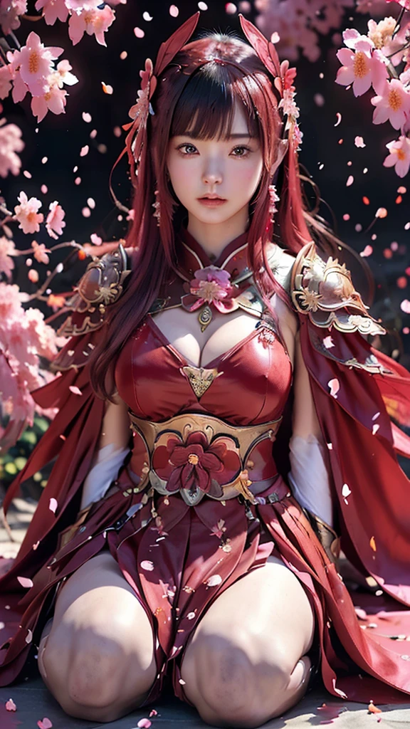 A sexy female character wearing red armor as a warrior from the Warring States period、((realistic))、((Medium long hair))、((Cherry red hair))、((toned body))、(glistening skin)、 tight body、((mega breasts 1.8))、 plump breasts 、 plump thighs 、 The red armor with the Satsuki flower pattern engraved on it is bikini type and is designed to accentuate chest exposure、( Wearing a cape with azalea flower pattern)、garter skirt、White shin guards engraved with azalea flowers、Red high-cut underwear、Red tights、 absolute domain、((Sitting with Knees Up on sofa at living, spread legs))、Dramatic lighting、((Azalea flowers in full bloom are blooming in the background))、((Large azalea flowers in full bloom are blooming on the front))、 cinema-like scene 、((Background Japanese Satuki azalea)) 、((foreground Japanese Satuki azalea))、 Max Image、 Ultra High Definition、8k、masterpiece、crisp quality、