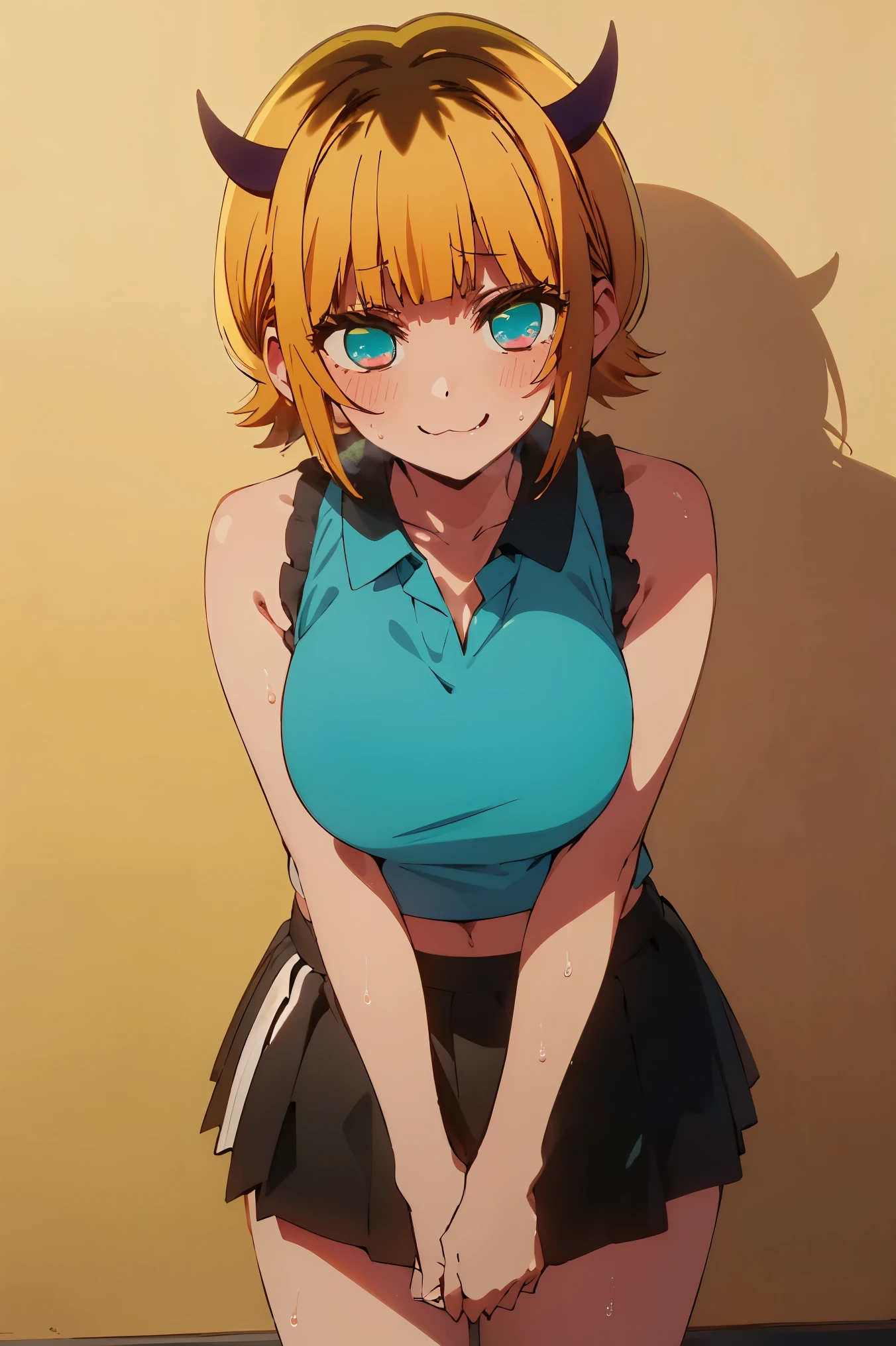 NSFW,masterpiece, top quality, high definition , very detailed ,Memucho, short haired 、 blonde hair 、 multicolor hair 、Aqua Eye、 dull bangs、horn, tennis wear , sleeveless, crop top, cleavage, Miniskirt,blush,smile,Heavy breathing,Sweating, wet body