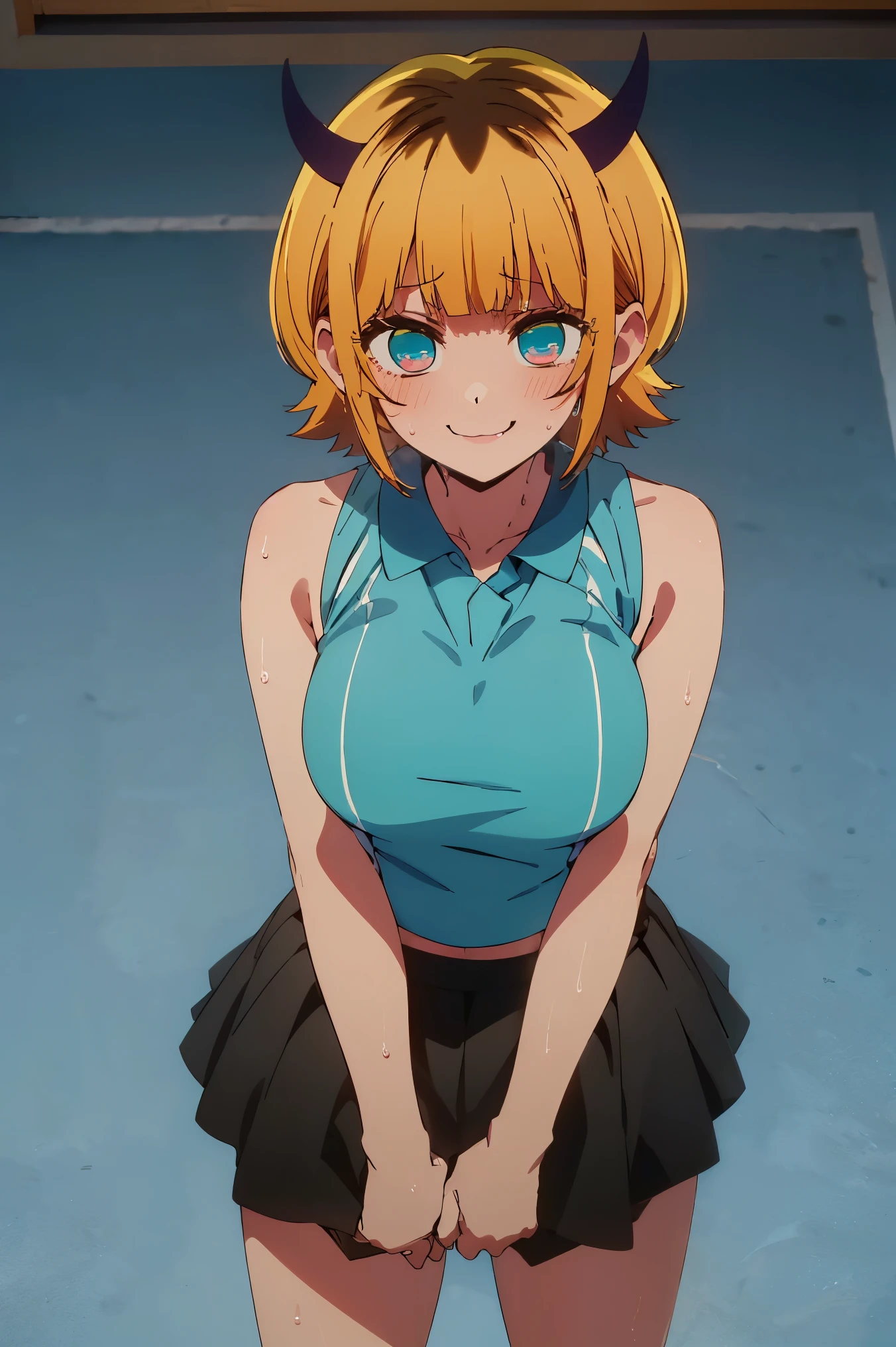 NSFW,masterpiece, top quality, high definition , very detailed ,Memucho, short haired 、 blonde hair 、 multicolor hair 、Aqua Eye、 dull bangs、horn, tennis wear , sleeveless, crop top, cleavage, Miniskirt,blush,smile,Heavy breathing,Sweating, wet body