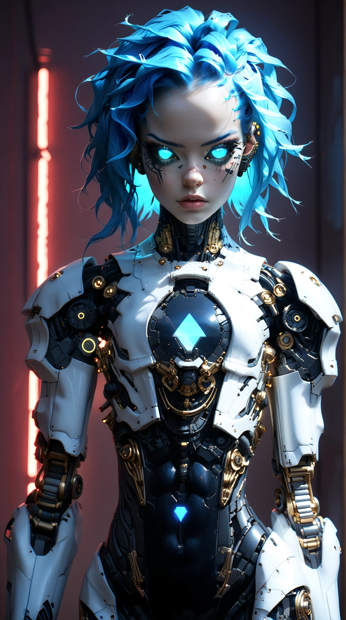 score_9, score_8_up, score_7_up, (Three quarters Shot), (1 girl), (asian), beautiful teenage (skinny) muscular goth cyborg girl, (full cybernetic bodysuit:1.5), (black sclera:1.5), (blue glowing eyes:1.25), (blue glowing veins:1.25), (flat chest:1.25), (blue glowing hair:1.25), (beautiful face:1.25), (bodybuilder muscular physique:1.25), (skinny long legs:0.75), (intricate gold filigree:1.25), bimbo lips, (cyborg arms:1.25), (cyborg legs:1.25), (cyborg torso:1.25), neon lights, gothic neon style, cyber punk style, super realistic image, beautiful digital paint , hyper Realistic illustrations, NecronMorph, CyberRealistic_Negative_PONY-neg,CyberRealistic_Negative_PONY