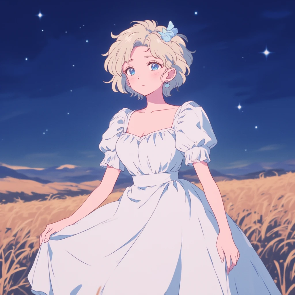 1 girl, pale skin,  Short Hair ,  pale blond hair,  wavy hair , light blue eyes,  large white dress, Arms Halietos , open field background ,  starry night sky,  flat from above  