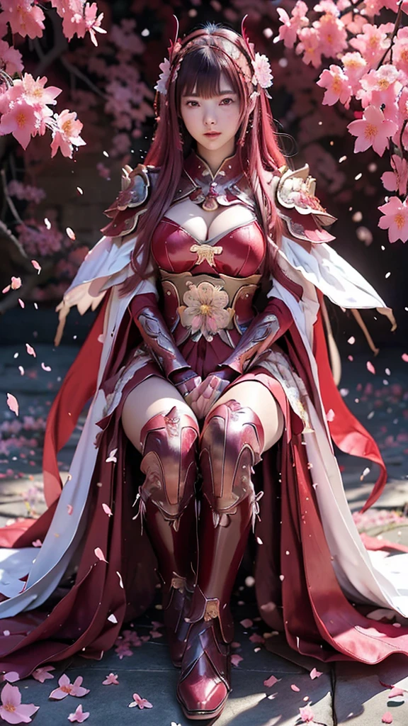 A sexy female character wearing red armor as a warrior from the Warring States period、((realistic))、((Medium long hair))、((Cherry red hair))、((toned body))、(glistening skin)、 tight body、((mega breasts 1.8))、 plump breasts 、 plump thighs 、 The red armor with the Satsuki flower pattern engraved on it is bikini type and is designed to accentuate chest exposure、( Wearing a cape with azalea flower pattern)、garter skirt、White shin guards engraved with azalea flowers、Red high-cut underwear、Red tights、 absolute domain、Sitting with Knees Up on sofa at living, spread legs、Dramatic lighting、((Azalea flowers in full bloom are blooming in the background))、((Large azalea flowers in full bloom are blooming on the front))、 cinema-like scene 、((Background Japanese Satuki azalea)) 、((foreground Japanese Satuki azalea))、 Max Image、 Ultra High Definition、8k、masterpiece、crisp quality、