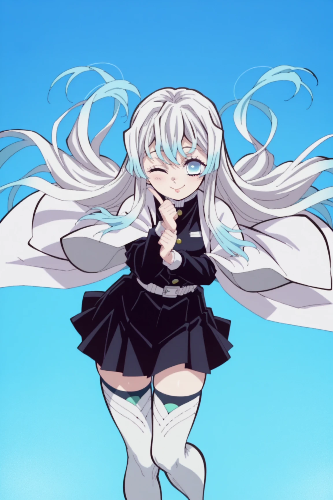 Japanese Anime，1 girl swinging a whip，Smile，White long haire  butterflys，Anime style，body movements，Sense of Power，Force Value，(((Heterochromia：1.37)))，(((Black pleated skirt，)))，Elegant Posture、Red Moon、dark purple tones，Elegant and atmospheric。，(((Fluorescent green whip：1.37。Motion blurred，Motion Blur)))，Petals in the sky，Blurred foreground，Face Focus
