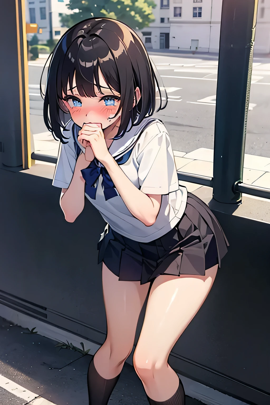 masterpiece, high quality, ultra detail, １girl, blue eyes, black bob hair, red nose, blushing, crying, Inner thighs, both hands covering her mouth, school uniform, standing, on road, slightly bent over