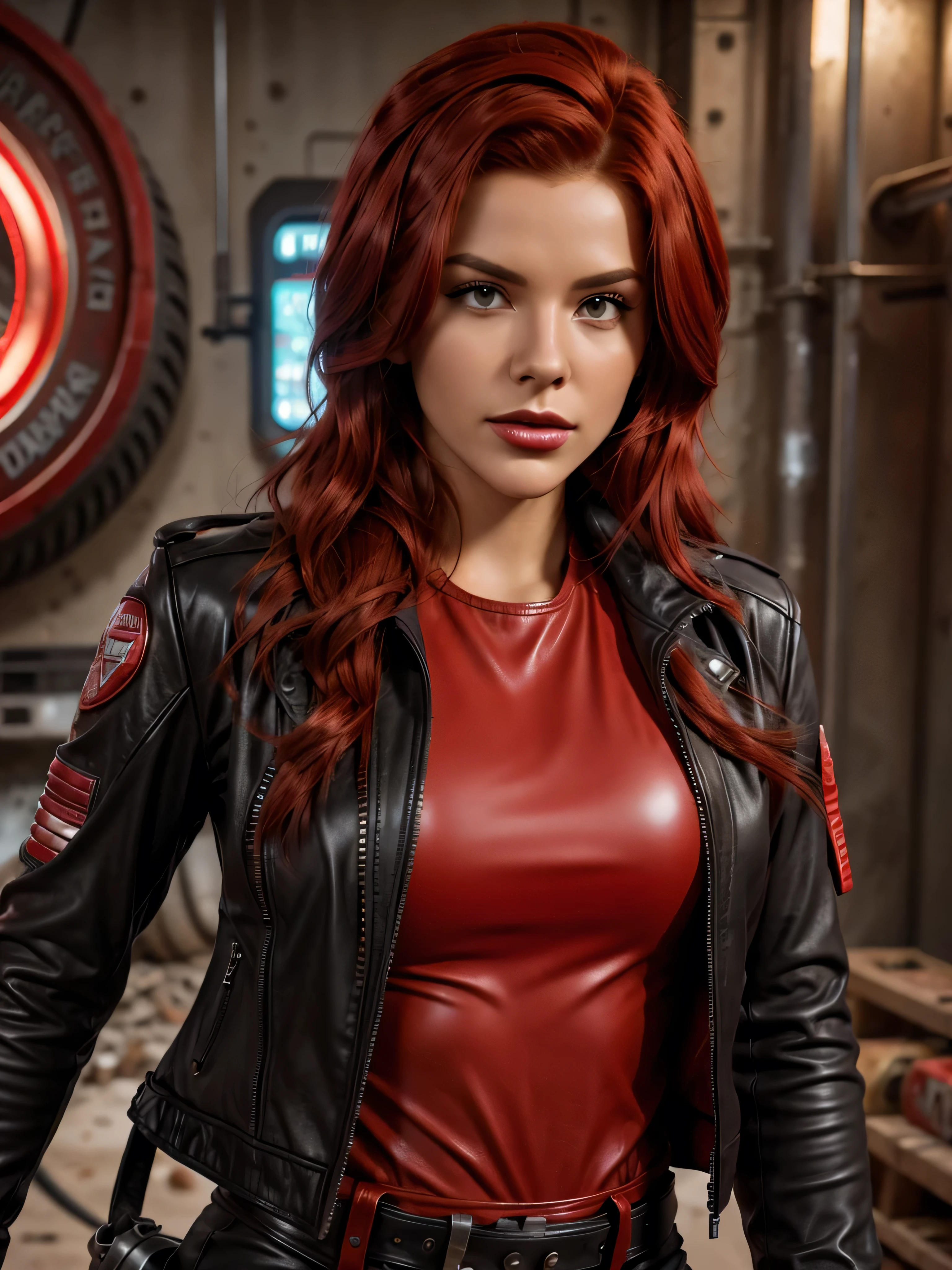 wasteland outlaw, red hair, black leather jacket, patches, retrofuturism, fallout, 50s
