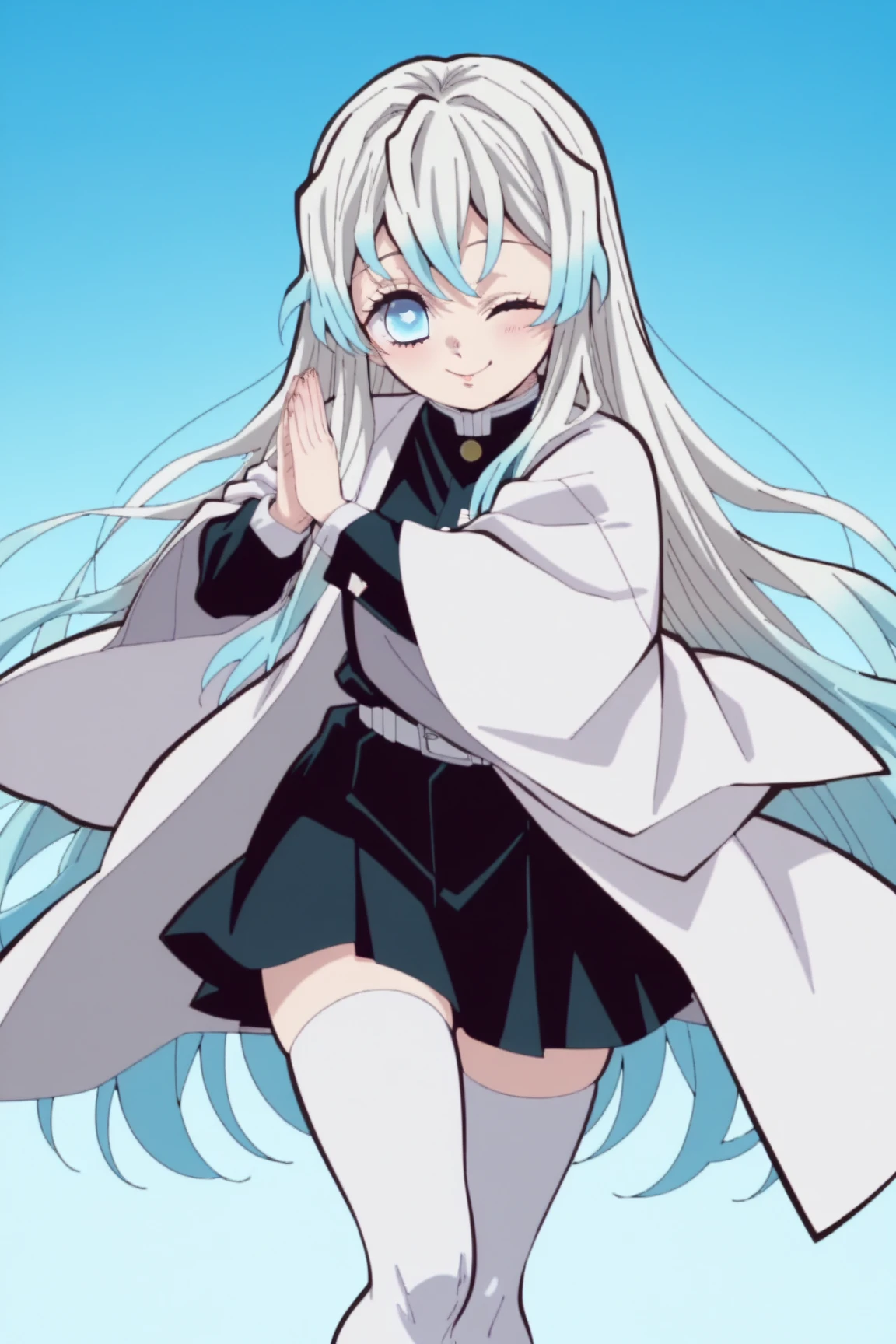 1girl, solo, bright blue , very long hair, blue eyes, white haori, demon slayer uniform, white stockings, sexy legs, wink, sweet pose, 