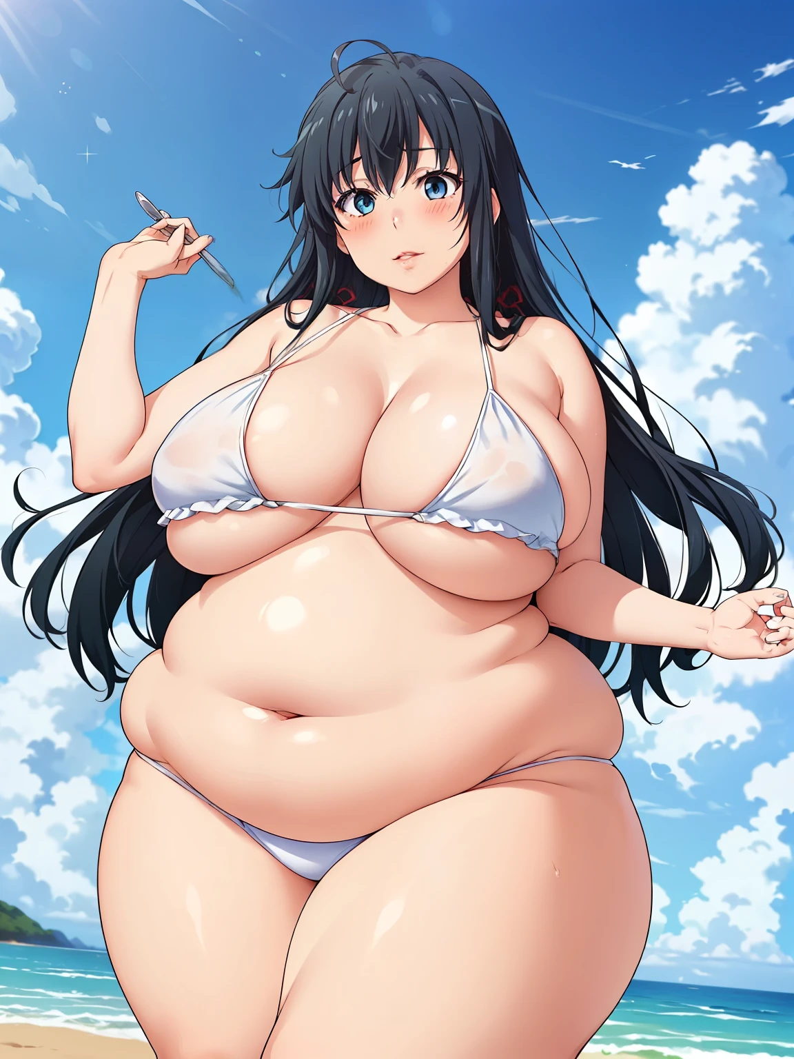 ((Best Quality, High resolution,  Perfect Pixel,  4K)),  (Beautiful Anime Girls), Depth of written boundary、
Watching the audience, 
Perfect body, 

Yukinoshita Yukino、Small breasts、Black Hair、Long Hair、


outfit-midsummer swimsuit,

(Blushing、Embarrassing:1.3)
Embrace your body、

null、cloud、summer、sunlight、
Beach、 chubby, chubby girl, curvy, large breasts, lips, plump, thick thighs, thighs, (((oversized gigantic stomach)), curvy, large breasts, lips, plump, thick thighs, thighs, (((oversized gigantic stomach)), curvy, large breasts, lips, plump, thick thighs, thighs, (((oversized gigantic stomach)),1girl, waltzpurgis
