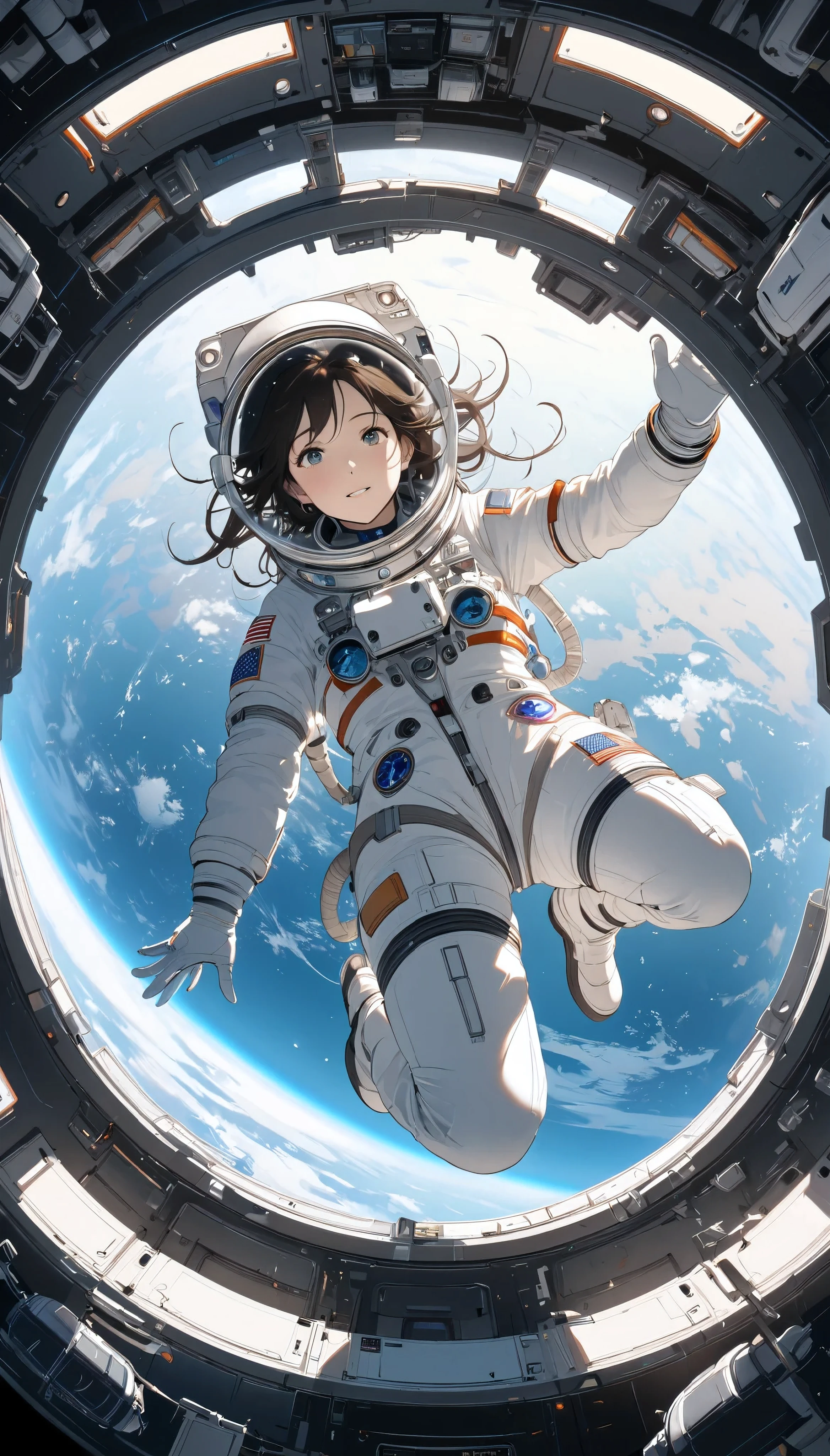 Female astronaut, floating upside down, Space Suit, gravityless space, A beautiful planet is visible , Inside the space station,