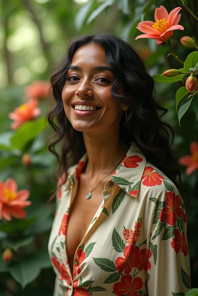 A Brazilian woman in a lush tropical garden, wearing an open shirt with a floral print, with a close-up capturing the harmonious beauty between her breasts and the natural flowers, showing off your natural charm and outgoing personality.