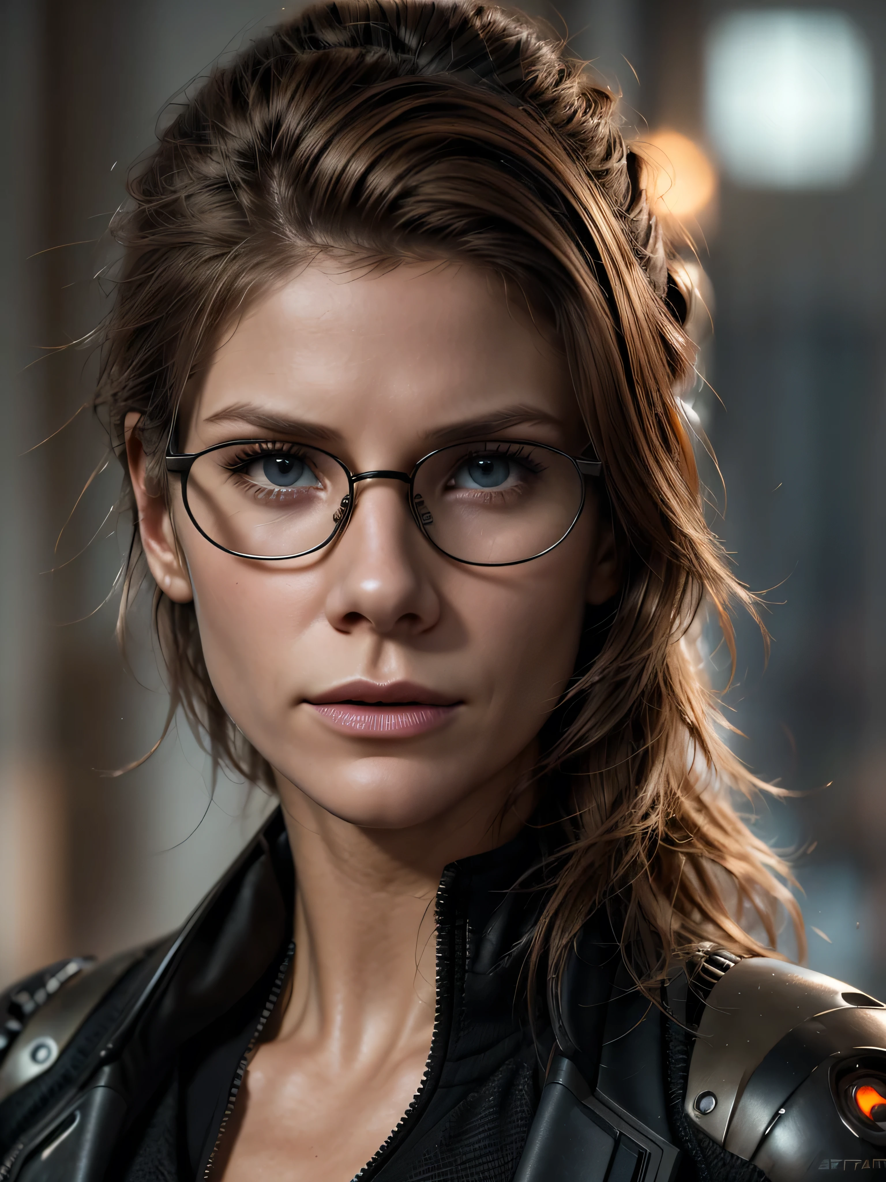 (cyberpunk military scientist:1) (1woman) dark theme :: focus on closeup face, curious face, Katee Sackhoff face, ultra realistic futuristic cyberpunk tall athletic woman, :: medium brown hair, futuristic glasses nerd :: inside cyberpunk office :: brown eyes :: natural lighting :: bokeh :: 8k :: best quality :: masterpiece :: insanely detailed:1.5