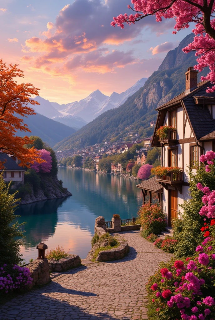 a small village by the river, mountains in the background, floral flowers colorful, detailed landscape, Beautiful natural landscapes, atmospheric lighting, scorching sunset, warm colours, practical, photopractical, Detailed Foliage, complex buildings, cobblestone street, Charming country house, swirly vibrant colors, lush vegetation, Still water reflections, Picturesque, idyllic, work of art, best qualityer, 8k, extremely detaild,anime styling