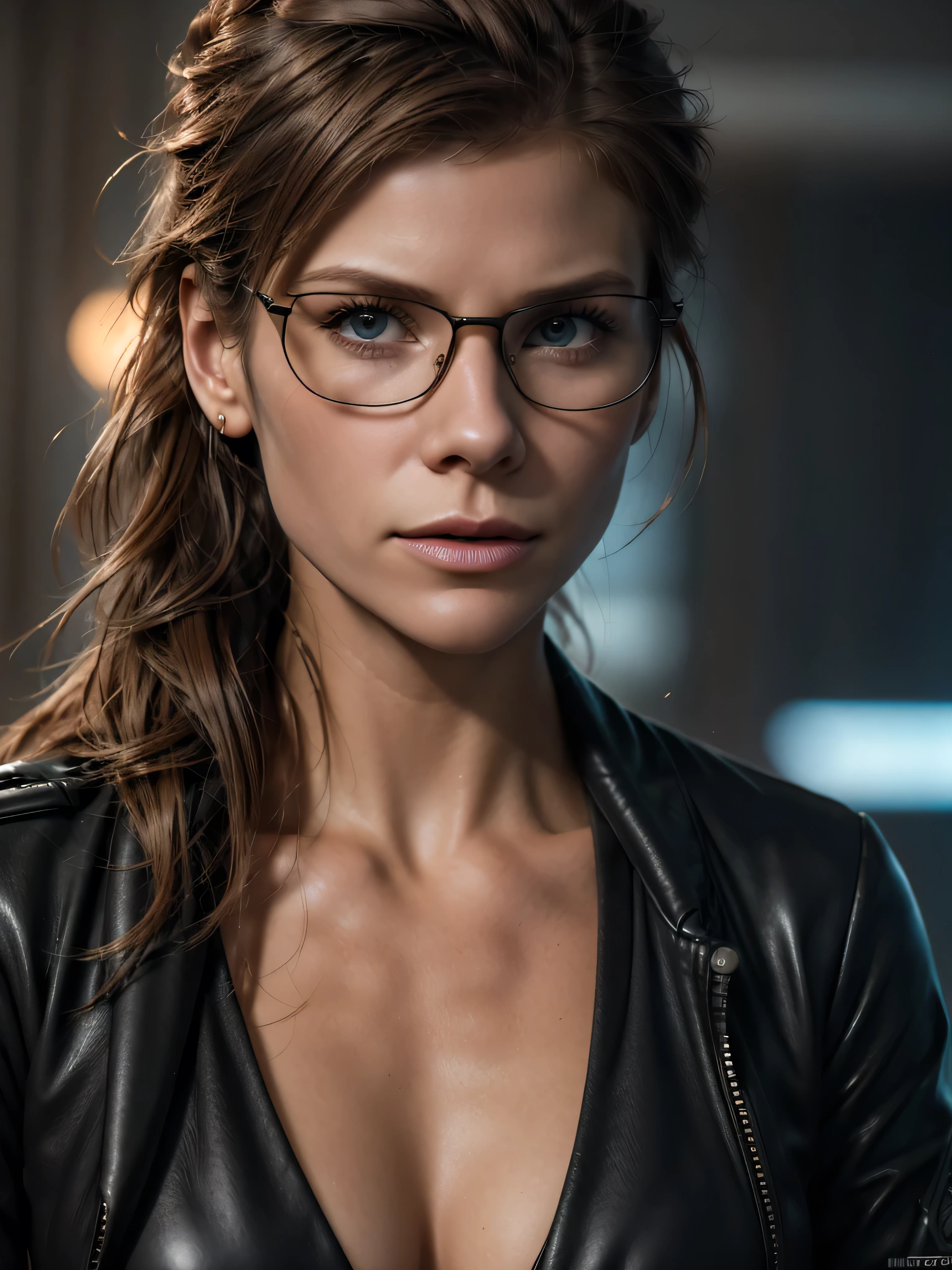 (cyberpunk military scientist:1) (1woman) dark theme :: focus on closeup face, curious face, Katee Sackhoff face, ultra realistic futuristic cyberpunk tall athletic woman, :: medium brown hair, futuristic glasses nerd :: inside cyberpunk office :: brown eyes :: natural lighting :: bokeh :: 8k :: best quality :: masterpiece :: insanely detailed:1.5