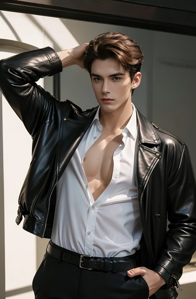 (best quality), 1boy, Male, pale skin, black hair, short hair, straight hair, short ponytail, parted bangs, grey eyes, perfect eyes, serious, stylish, fully clothed, masterpiece, anatomically correct, highres
