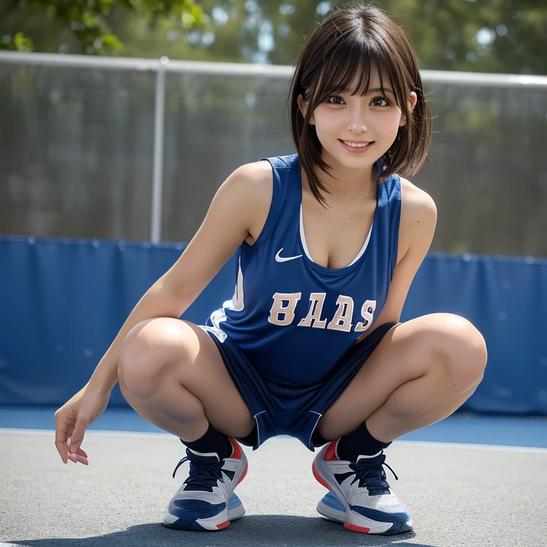 (masterpiece:1.3), (8K, Photorealsitic, Raw photography, Top image quality: 1.4), Japan high school girls、(Random hairstyles:1.2)、maikurobikini:1.2、Super Detail Face、Eye of Detail、二重まぶた、full body Esbian、Standing、foco nítido:1.2、prety woman:1.4、light brown hair、top-quality、masterpiece、超A high resolution、(Photorealsitic:1.4)、Highly detailed and professional lighting smile、Background of the playground、Athletes doing stretching、Tight whiteTShirt top、Maroon racing shorts with white lines on the sides、Shining sweat、a baby face、slender、serious facial expression、short-haired