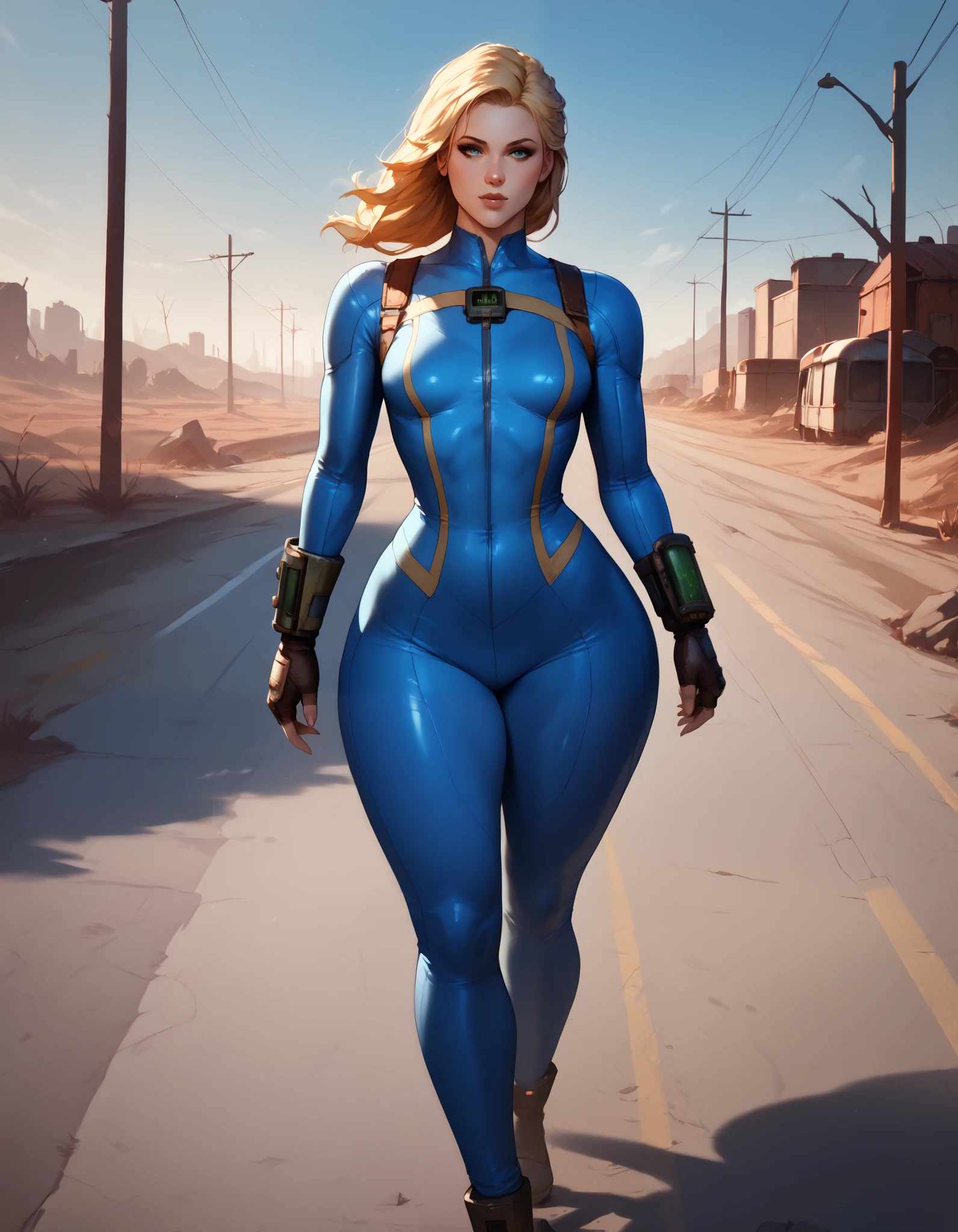 nsfw, slutty vault girl from fallout, (masterpiece), (best quality), 8k resolution, ultra-detailed, hyper-detailed, (1girl), bimbo vault girl ,slutty vault girl jumpsuit, perfect body, smile, chubby, thick thighs, thick legs, wide hips, slim waist, hourglass figure, venus body, (full body)(topless:1.3)
