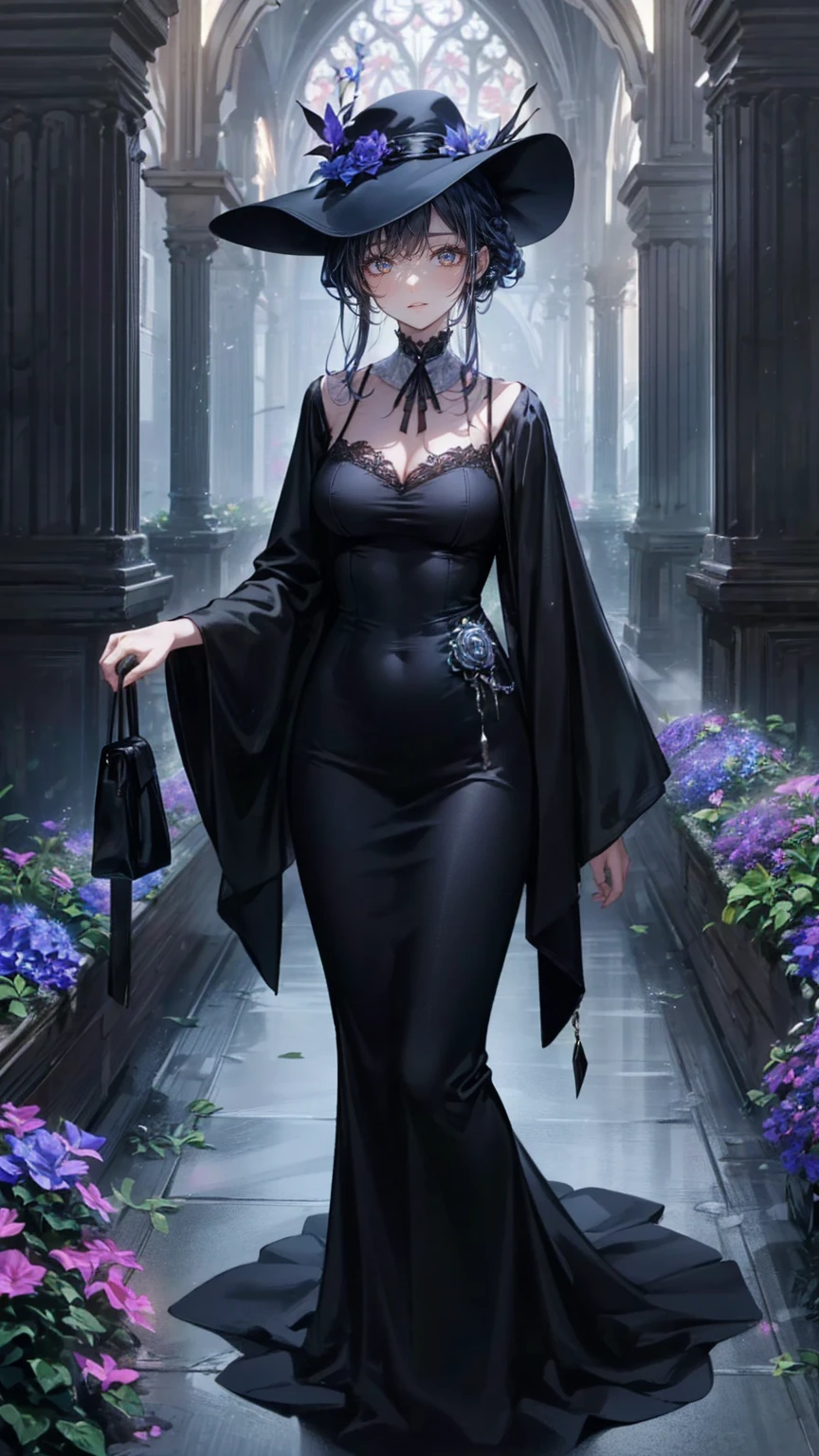 ネオゴススタイルの   girl, Wearing a black dress and a white collar,  wearing a black hat 、  Wearing heavy makeup  ,   She's standing in an enigmatic garden   、Surrounded by vines   .  dark purple flowers are in full bloom in the garden   .、Gothic architecture in the background。.   girl&#39;Iの髪は黒色、   her hair is long braided   .、   red roses blooming next to her   。. Her eyes are sharp、It&#39;stabbing.,  Thick black eyeliner and 、 Red roses blooming beside her long eyelashes   .   she has white skin  .、Lips bright red.. The atmosphere is gloomy and eerie, Dim lighting casts long shadows.   This work is a collaboration between digital illustration and photography.., result、そのresult、Incredibly high resolution images。. Most colors are dark、I&#39;kind,  Dark red and purple exude intense beauty   ..    The overall style is neo-gothic    .,  horror,   Portrait Photos   ,   creates a unique and fascinating visual experience   .Dark Imagery
