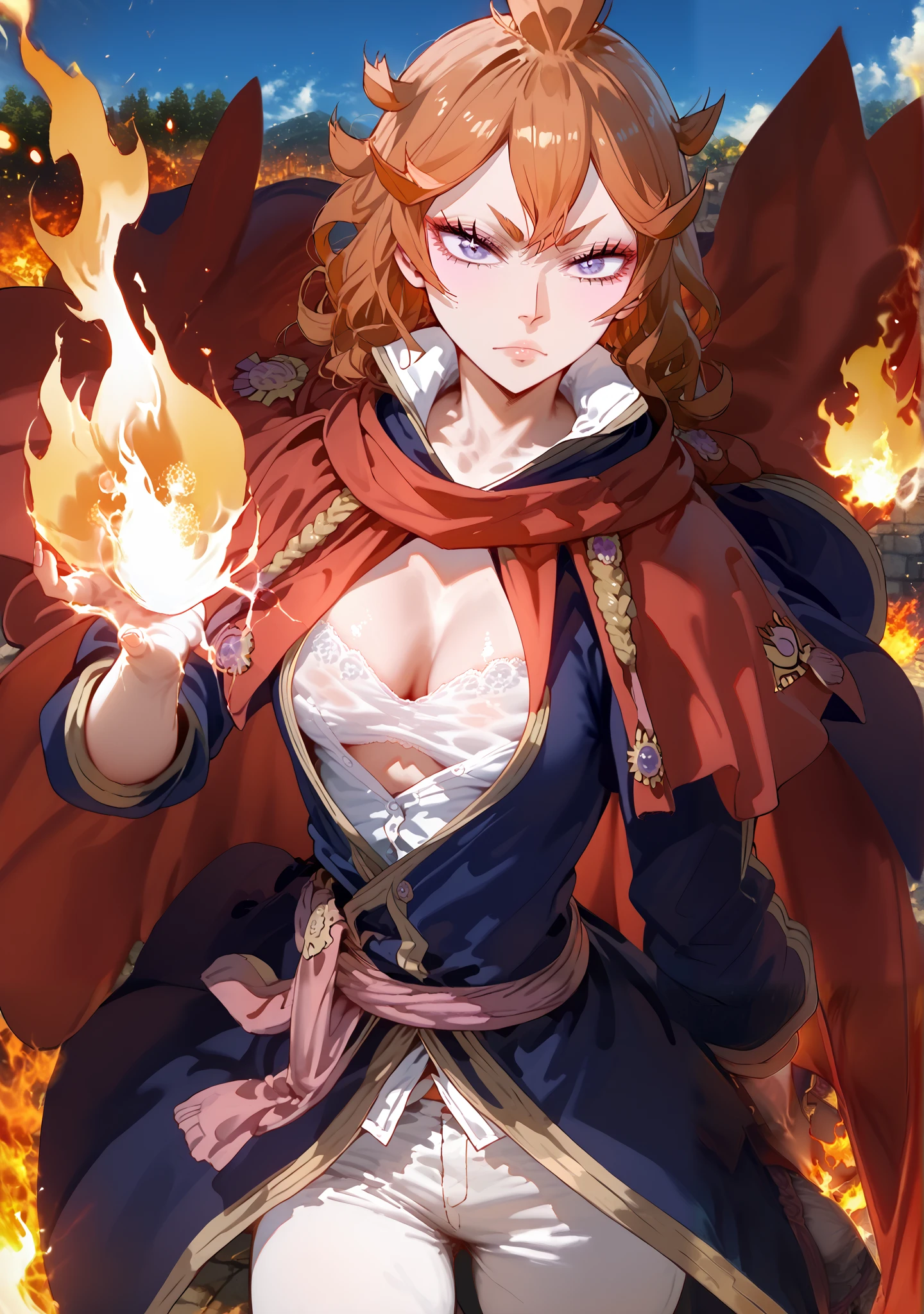 ((Masterpiece)), ((best quality)), (RAW photo: 1.3), (High Definition), ((highly detailed eyes)),(rendering by octane, hdr, (ultra - detailed:1.25), (Soft light, Sharp:1.2), 1 woman, Mereoleona Vermillion | Black Clover, Beautiful girl, hyper detail eyes, small puffy breasts, Exposed cleavage, Sexy, outdoors, Beautiful face, eye shadow, cleavage, red cape, blue coat, popped collar, white shirt, pink sash, white pants, on fire, flames
