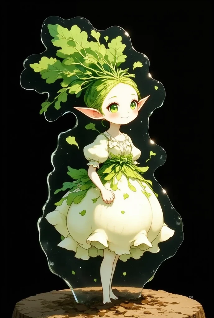 Product image, (Stand with daikon lady printed on it, thin acrylic board, A large daikon lady thinly printed on it,  green eyes, pointy ears, leaves hair, smile,  wearing a daikon dress , Only the top edge is cut in the shape of a character, thin acrylic board), ( simple background, Black background color)