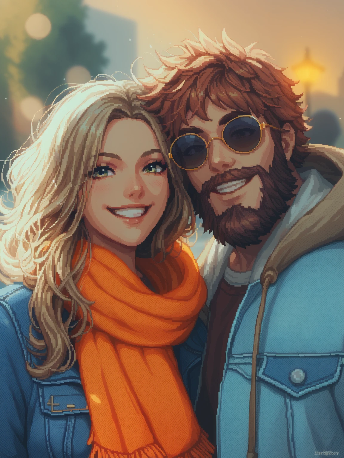 create a pixel art cartoon of A cheerful young couple outdoors on a sunny day, smiling warmly at the camera. The woman has long flowing auburn hair, wearing a bright orange scarf and denim jacket, while the man has curly hair, a beard, round sunglasses, and a casual outfit with a hooded jacket and beanie. The background is softly blurred, suggesting an urban or park setting, with bright natural lighting