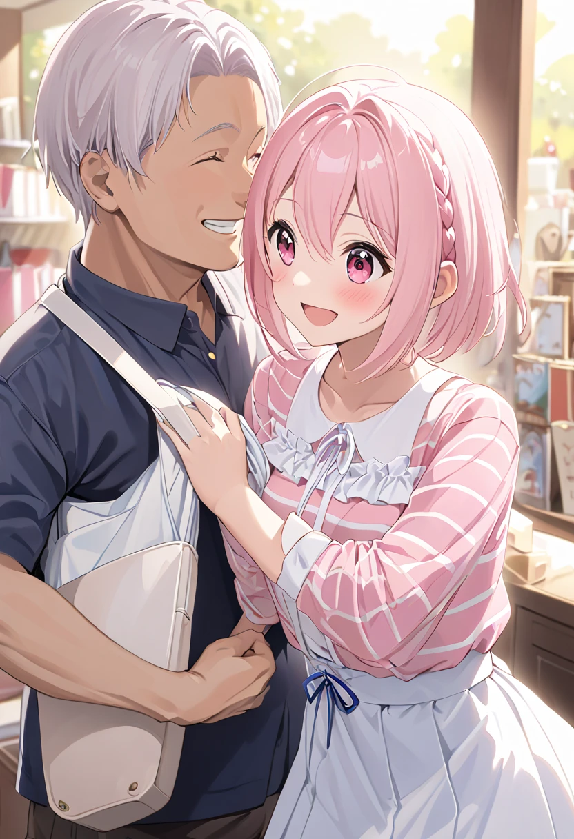  top quality、 anime painting、Round eyes 、 very young girl 、 very small breasts 、Long neck、Very thin body、Very slim legs、Glossy Light Pink Hair 、 、 short haired 、pink and white striped shirt 、 white miniskirt 、 I wear a white pouch over my shoulder、 apparel shop with clothes lined up、 1 middle-aged man、A man clings to a girl、excited man、Open your hands、smile、blush