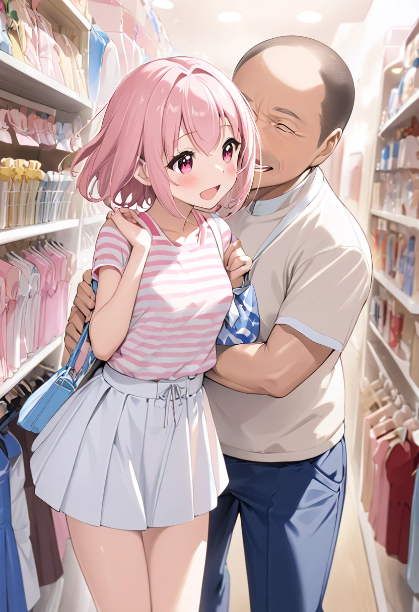  top quality、 anime painting、Round eyes 、 very young girl 、 very small breasts 、Long neck、Very thin body、Very slim legs、Glossy Light Pink Hair 、 、 short haired 、pink and white striped shirt 、 white miniskirt 、 I wear a white pouch over my shoulder、 apparel shop with clothes lined up、 1 middle-aged man、A man clings to a girl、excited man、Open your hands、smile、blush