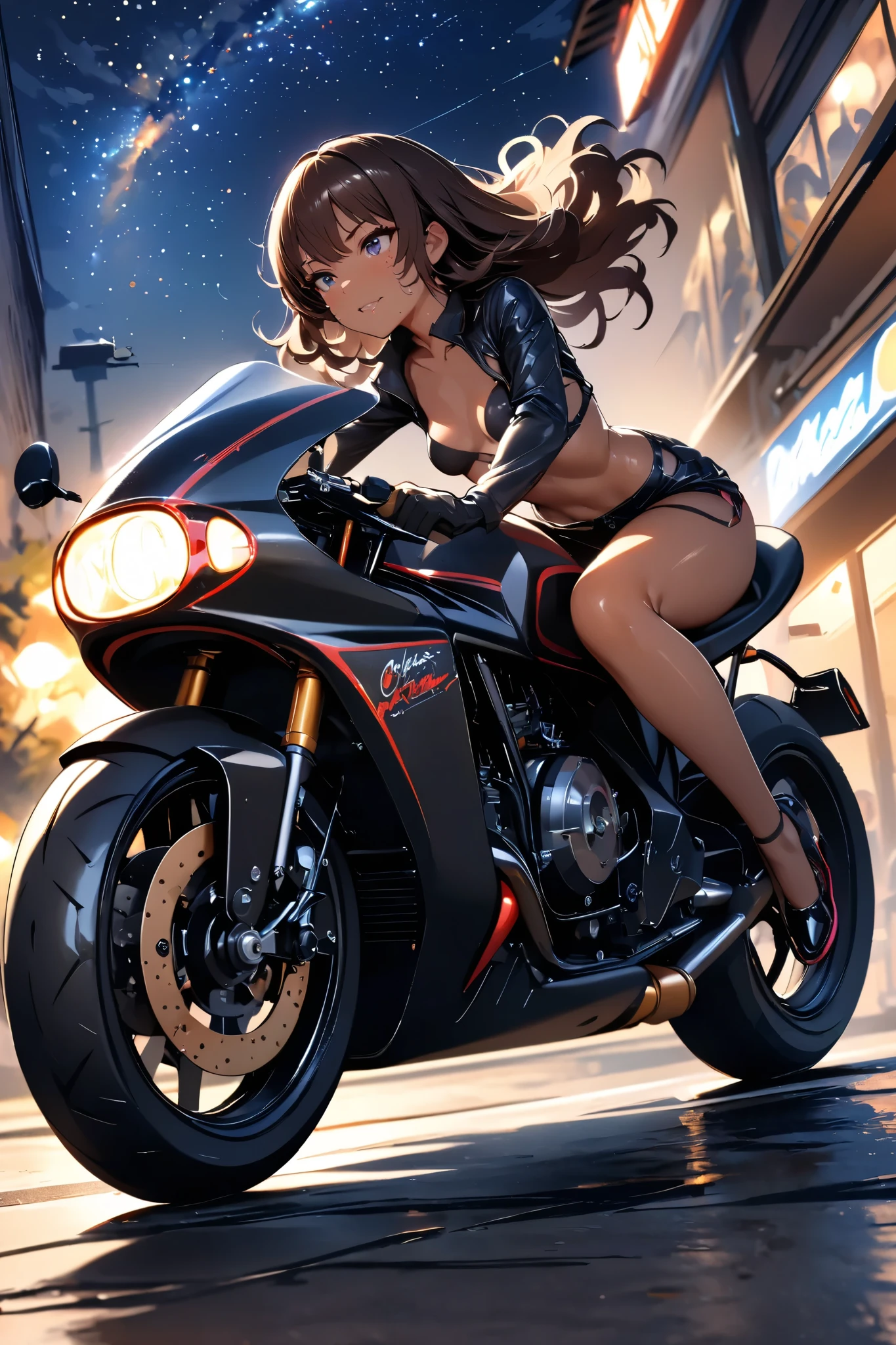 A girl riding a cafe racer-tuned motorcycle, glossy brown skin, small breasts, full body, very detailed face, Lip details, beautiful eyes, double eyelid, 4K, masterpiece., ACTION PAINTING, best quality, Beautiful starry sky, beautiful night view 