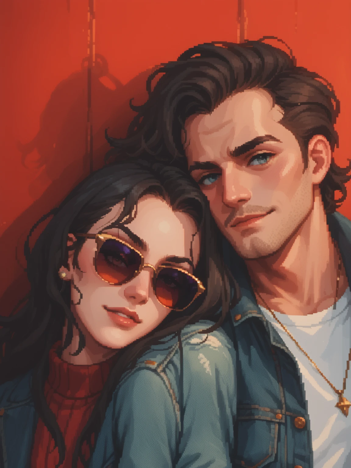 create a cute pixel art of A moody and artistic image of a young couple leaning against a vibrant red wall. The woman has shoulder-length dark hair, wears aviator-style sunglasses, a red ribbed top, and a denim jacket, exuding a calm and confident aura. The man has medium-length tousled hair, a light beard, and wears a white shirt with a denim jacket and a subtle necklace, giving off a relaxed and stylish vibe. The lighting is warm and enhances the deep, saturated tones, creating a dramatic and intimate atmosphere