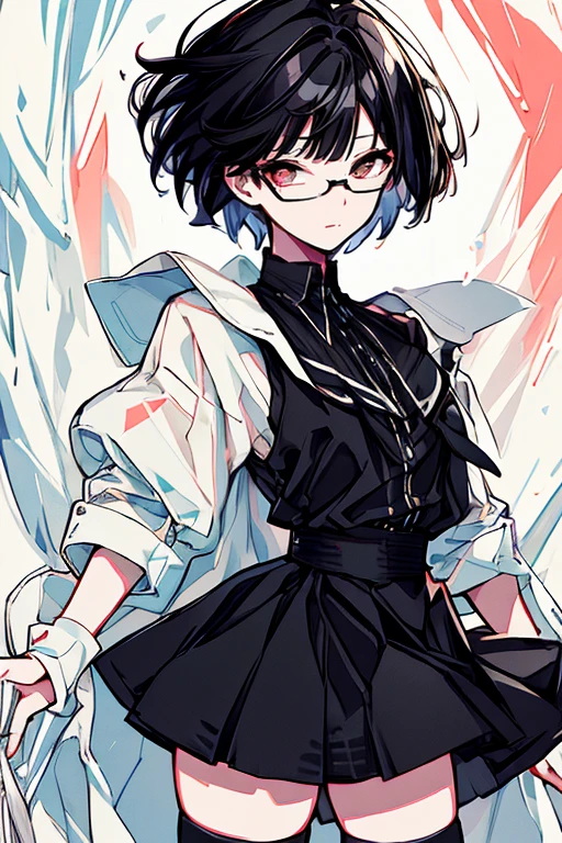 masterpiece,best quality,ultra detailed,supper fine illustration,hires,official art,  black hair short cut long eyes with glasses, Bicolor parted hair ,  dress,  short skirt ,  thigh high socks , thick thighs,  standing, Static Pose