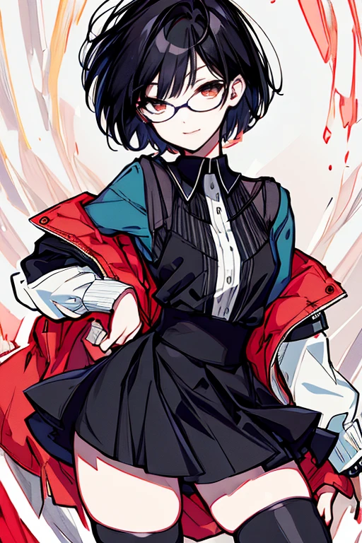 masterpiece,best quality,ultra detailed,supper fine illustration,hires,official art,  black hair short cut long eyes with glasses, Bicolor parted hair ,  dress,  short skirt ,  thigh high socks , thick thighs,  standing, Static Pose