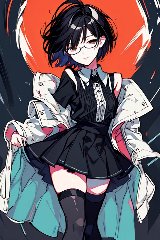 masterpiece,best quality,ultra detailed,supper fine illustration,hires,official art,  black hair short cut long eyes with glasses, Bicolor parted hair ,  dress,  short skirt ,  thigh high socks , thick thighs,  standing, Static Pose