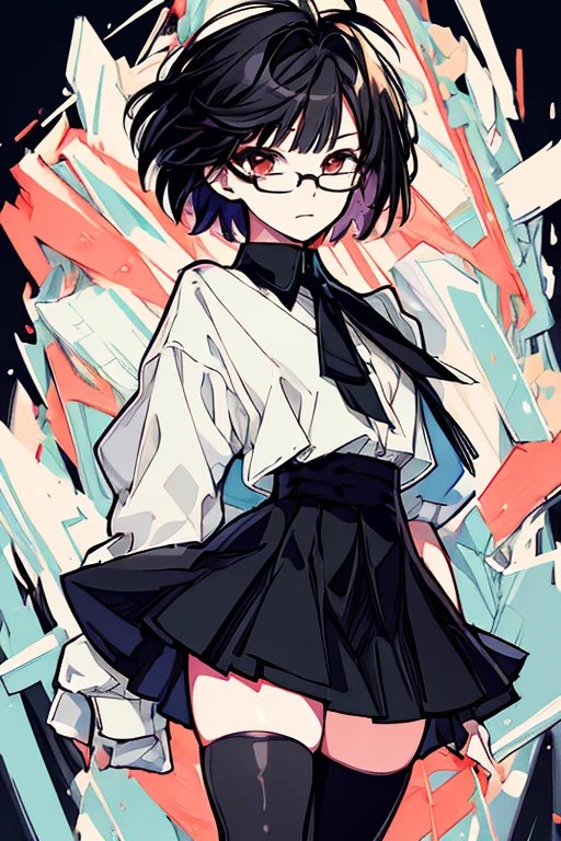 masterpiece,best quality,ultra detailed,supper fine illustration,hires,official art,  black hair short cut long eyes with glasses, Bicolor parted hair ,  dress,  short skirt ,  thigh high socks , thick thighs,  standing, Static Pose