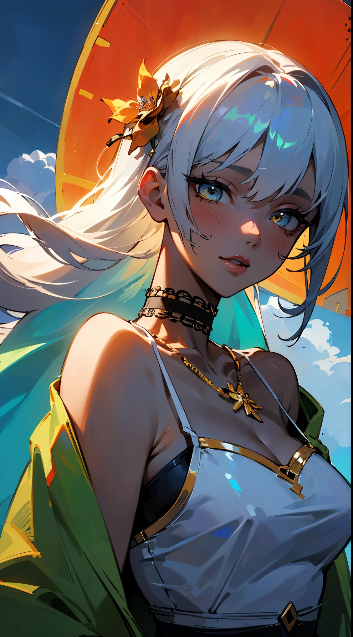 (geometric:1.1), ((1 anime girl, amazing, cute girl)), (Masterpiece, Best quality, Beautiful and aesthetic:1.2),((Ultra-high resolution, Golden ratio)), (Physically-based rendering), Sharp focus, (((high detail skin))), Intricately detailed clothing, Delicate pupils, Danfeng Eye,((((multicolor hair, cold detailed hair, long hair)))), Slender, geometric eyes :1.1,  ((extremely_Detailed_eyes_and_face)), long eyelash, (masterpiece side lighting), (Dynamic configuration: 1.2), Perfect Anatomy, Eyeliner, nsfw, sharp eyes, choker, light smile, hair adornments, fit thighs, thigh gap, (((Multicolor hair:1.4, long hair:1.4,colored inner hair))),intricate eyes, beautiful detailed eyes, symmetrical eyes,((((dark skin:1.4,lustrous skin:1.5,bright skin: 1.5,skin tanned, shiny skin, very shiny skin,shiny body, illuminated skin)))),(spider lower abdomen,narrow waist,wide hip,bimbo body,inflated legs,thick thighs,delicate detailed fingers),(((detailed illuminated face))), cute,slutty,sensual,seductive look,seductive,((erotic)),opulent,sumptuous,longingly,((nsfw)), queen,goddess,fantasy,(((ice jewelry,intricate necklace, christmas jewelry))),((eyeshadow,elegant makeup,eyelid makeup,gold lips,gold lipstick)),((Wearing a white camisole:1.2, Wearing a jacket:1.2, Wearing micro mini shorts:1.2silver sarong:1.5, hair flower:1.5)),(((intricate outfit,intricate clothes,embroidered outfit, ornate outfit, embroidered clothes, ornate clothes))), (dynamic pose:1.0),embarrassed,(centered,scale to fit dimensions,Rule of thirds), ((Sky, Sea, clouds,)), with dark stormy clouds,((beach scenery,intricate scenery)), (Glossy winter ornaments),highres, sharp focus,((portrait, )), (full body), open clothes, ((wind)), ((upper body)), ((thick thighs)), ((close-up)), (portrait) (((masterpiece))), (highest quality), ((perfect face)), very deep eyes, (cinematic lighting), detailed eyes, best quality, sidelight, highres, (intricate details), detailed finger, (illustration:1. 1), highres, (beautiful face:1. 15