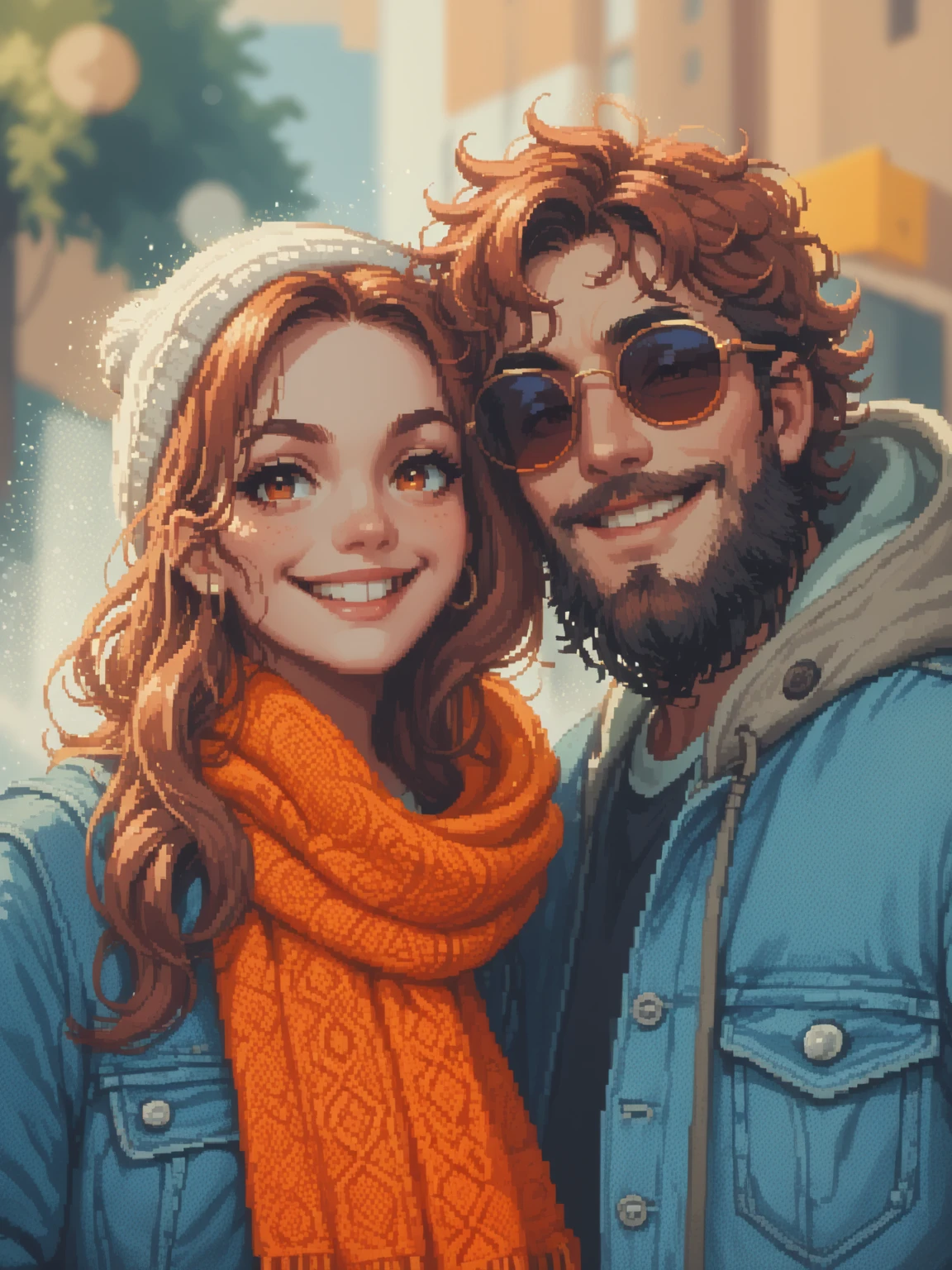 create a pixel art cartoon of A cheerful young couple outdoors on a sunny day, smiling warmly at the camera. The woman has long flowing auburn hair, wearing a bright orange scarf and denim jacket, while the man has curly hair, a beard, round sunglasses, and a casual outfit with a hooded jacket and beanie. The background is softly blurred, suggesting an urban or park setting, with bright natural lighting