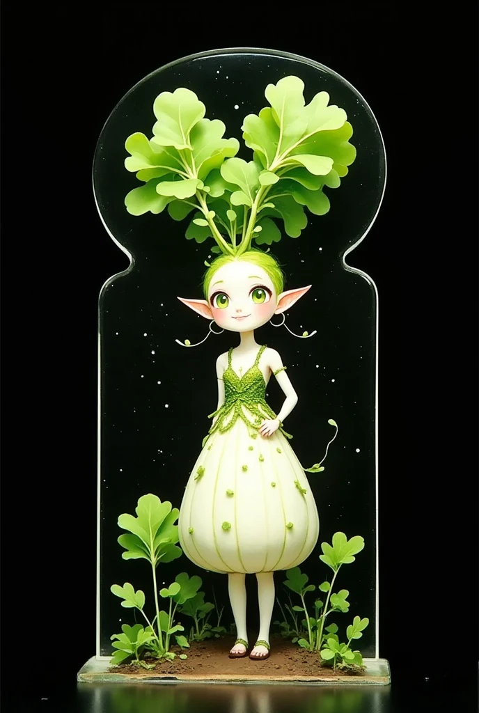 Product image, (Stand with daikon lady printed on it, thin acrylic board, A large daikon lady thinly printed on it,  green eyes, pointy ears, leaves hair, smile,  wearing a daikon dress , Only the top edge is cut in the shape of a character, thin acrylic board), ( simple background, Black background color)