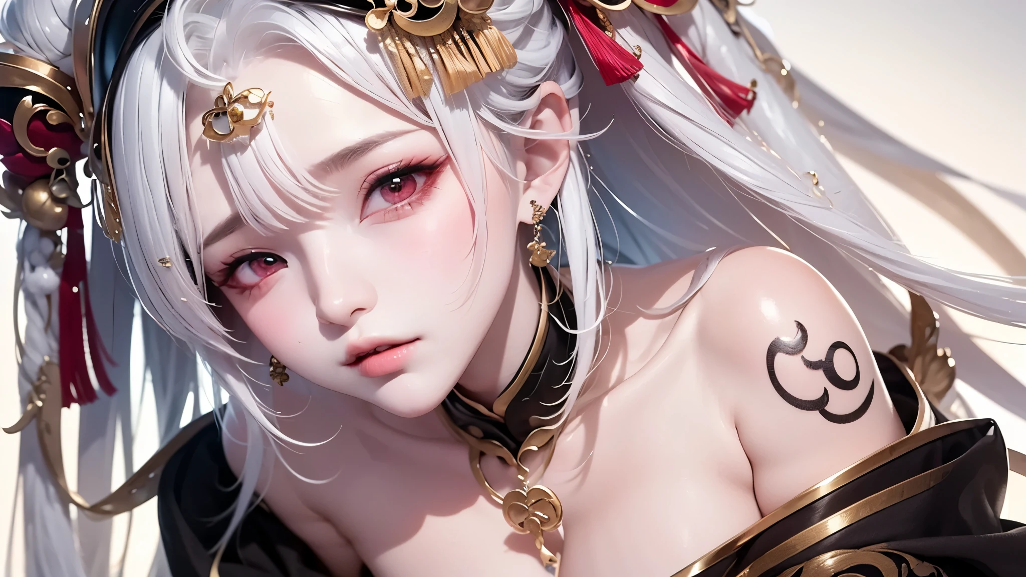 super high quality, masterpiece, Perfect illustration, Very detailed:1.6, 1girl, 23 years old, cute girl, white hair, sharp and big beautiful eyes, large breasts, bright skin, Tattoo under the eyes. fantasy royalty, onmyoji, majesty, asian dress. black and gold clothes. simple background
