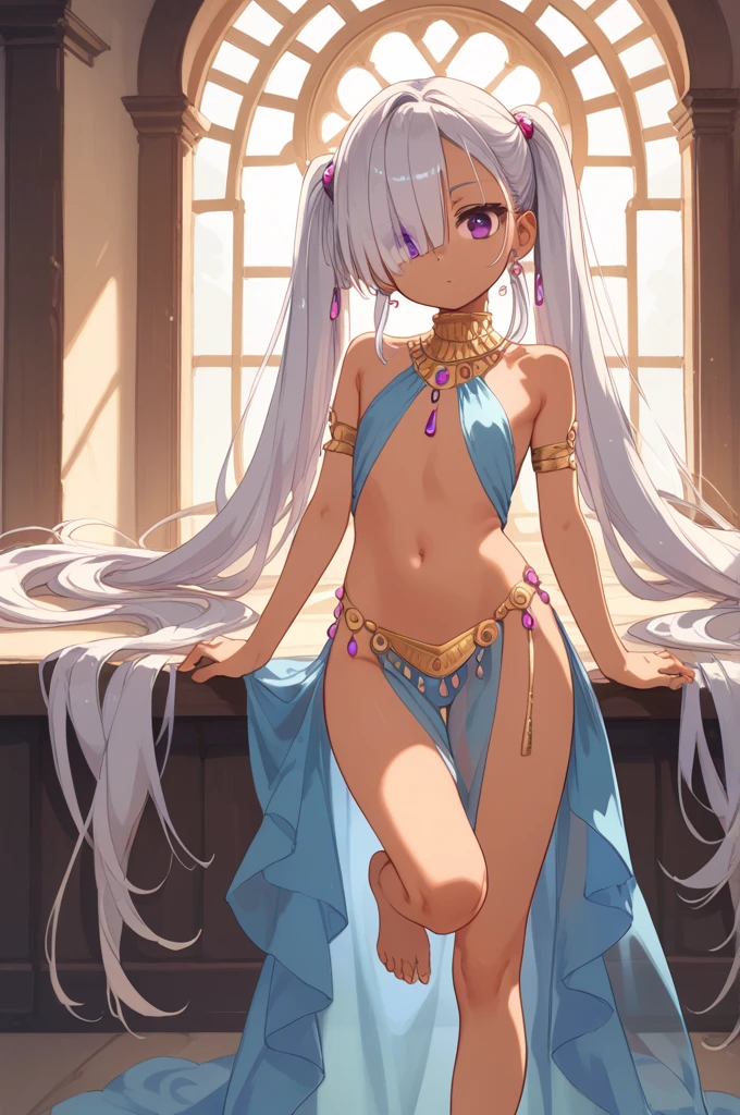 1girl, Angle from below:1.8, The girl bends forward to show off her breasts、legs apart, (Blade), (Tanned shiny black skin:1.6)、Glowing Eyes, ((Sexy evil grin)), (10 years old girl), rainbow color hair、Twin tails、forehead、breasts, pink rips, hat, ((((arabian white clothes, see-through)), (headband), (Areola Slip), small breasts, (jewelry)))、desert, ((sahara)), ((focus crotch)), (crotch),((foot)), ((acrobatic pose)), ((girl on top)),