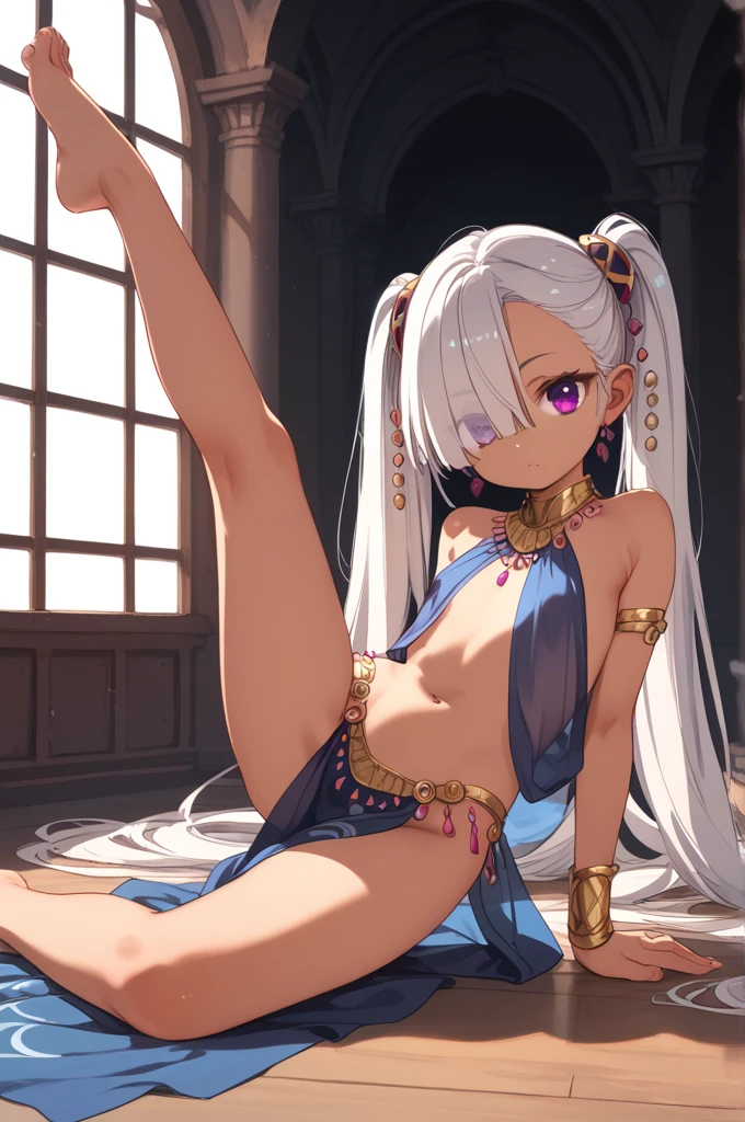 silver hair, bright hair, very long hair, blue purple eyes, hair over one eye, left eye is hidden, twintails, slender, dark skin, flat chest, focus boob, nude, half undress, indoors, raising one leg, shirtless, spread legs, vulgarity, see-through, bellydancer,