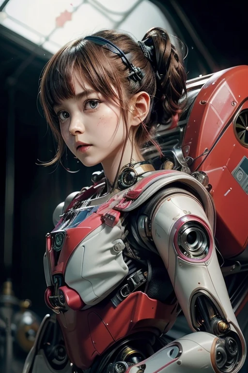 A cute little girl made of metal, red dress, (cyborg: 1.1), ([tail | detailed wire]:1.3), (intricate detail), hdr, (hyperdetailed: 1.2), cinematic shot, vignette, centered