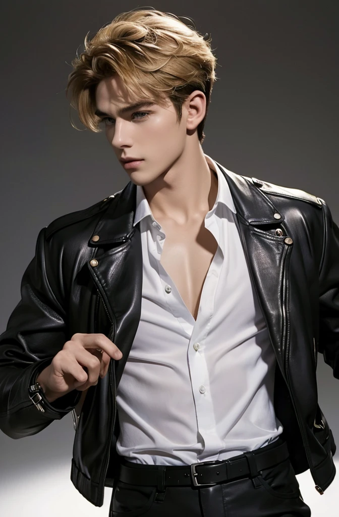at office，wearing black leather jacket，two block haircut, Attractive man，Live-action photo，Handsome and sunny，（SLR effect，Reality，8K，Hyper-detailing，Absolute realism）