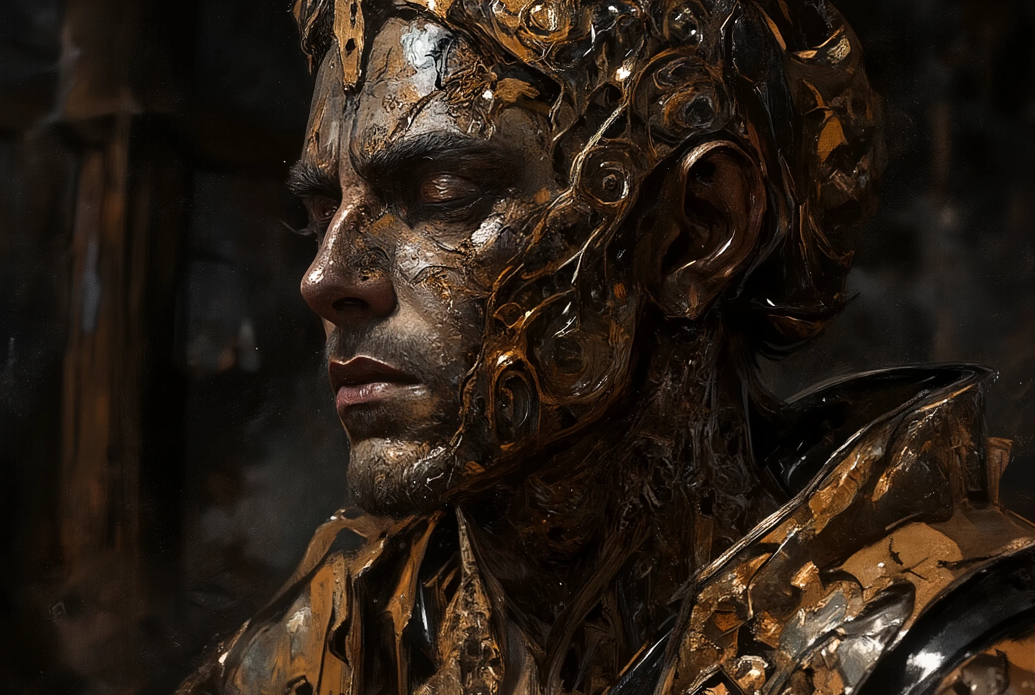 I hear a symphony, Singles, oil painting, a detailed painting, ink artistic conception, real paint texture, hyper-realistic, depth of field, dramatic lighting, Realistic, highly detailed, masterpiece, 8k, Cinematic Composition, dark moody vibe, Dramatic Shadows, Intricate and elaborate pattern, 30 megapixel, chiaroscuro lighting, moody color palette, deep contrast, realistic anime style, A fusion of the styles of Katsuya Terada, Range Murata, Akiman and JUNNY