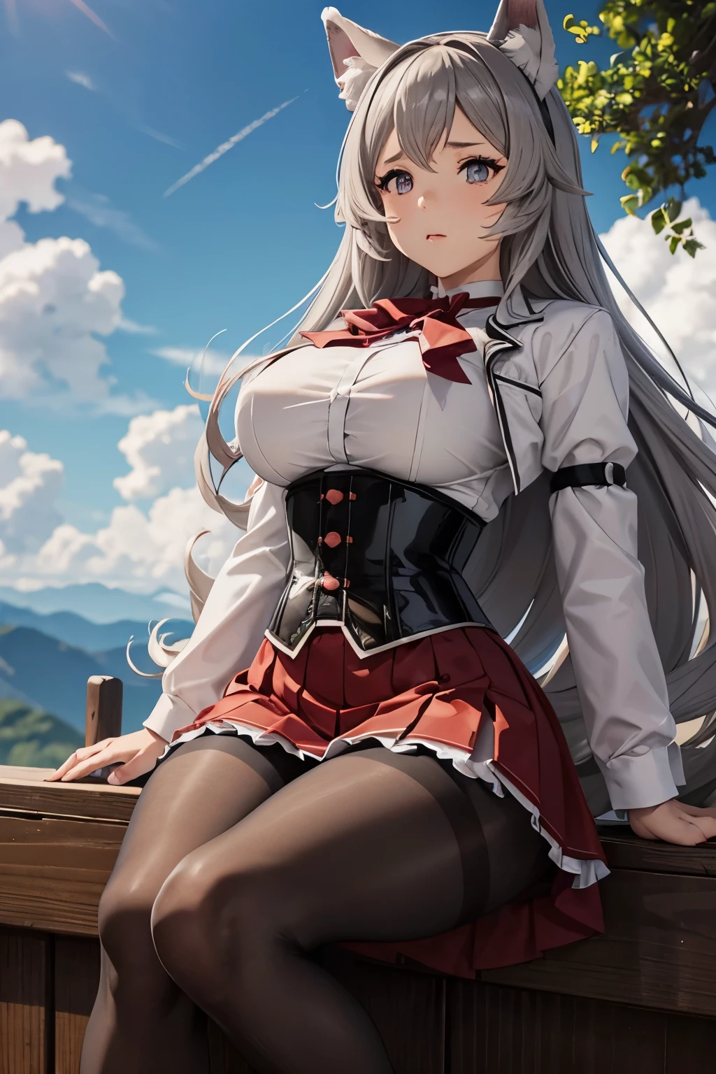 (landscape), (tree and clouds dark), ((fat legs)), ((perfect eyes)), (finely detailed eyes and detailed face:1.3), (extremely fine and beautiful:1.1), (Perfect details:1.1), big breasts, (shiny skin), ((glossy black pantyhose)), (Pursena Adoldia), Mushoku Tensei, gray hair, red eyes, long hair, academy uniform, red skirt, white shirt, open jacket, corset, animal ears, dog ears, red bow, ribbon, sexy legs,